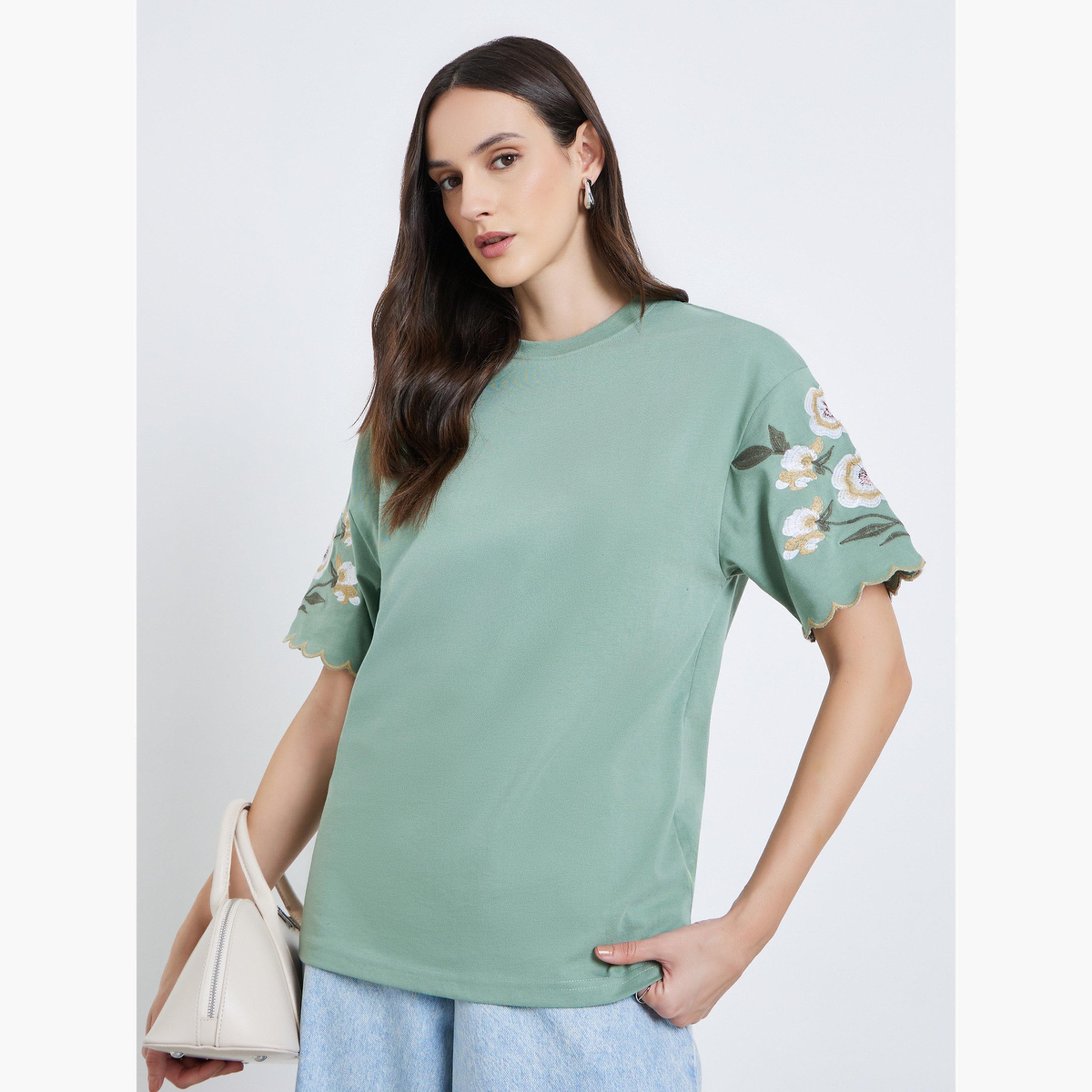 Styli Women Olive Embroidered Sleeve T-Shirt-women-clothing-tshirts-image-1
