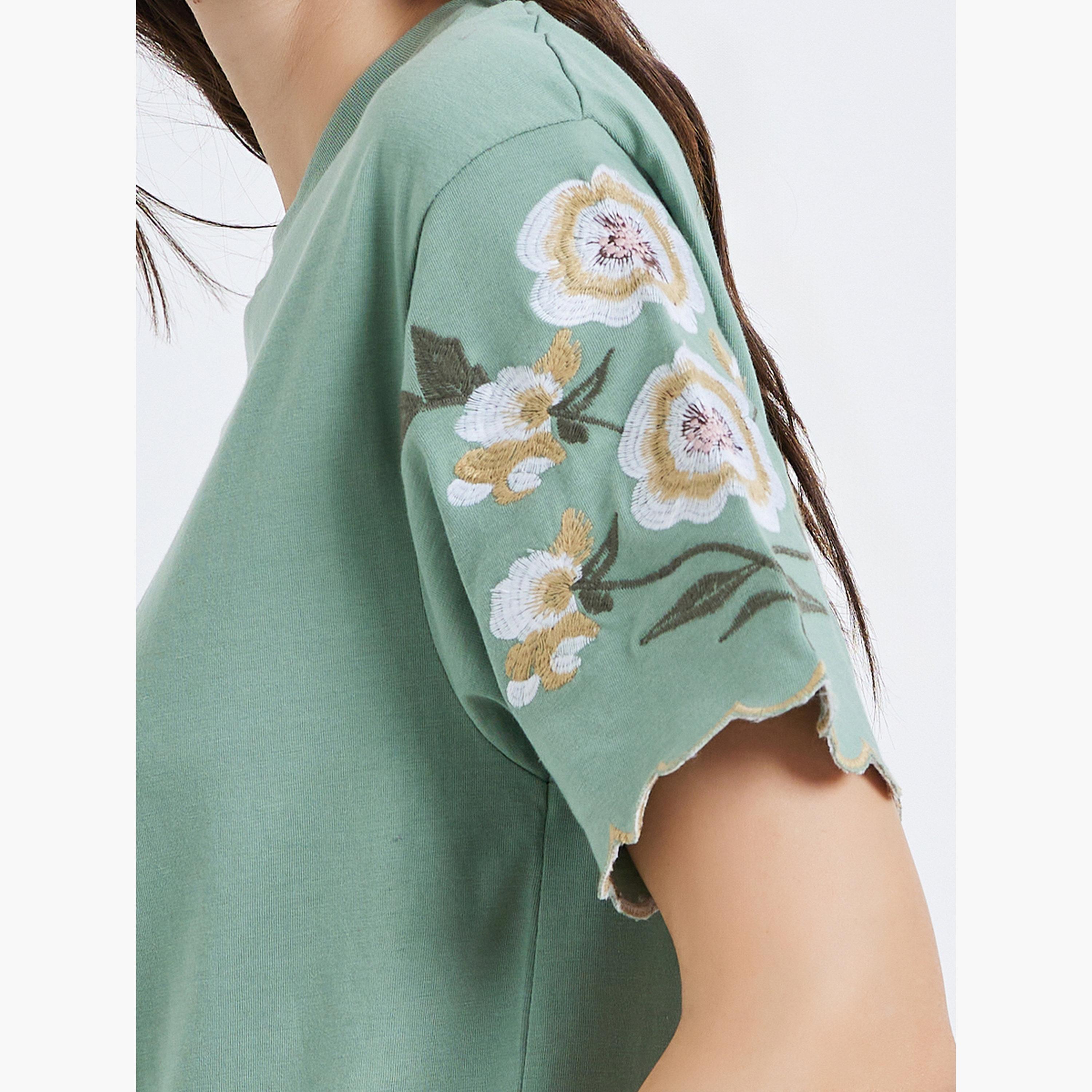 Styli Women Olive Embroidered Sleeve T-Shirt-women-clothing-tshirts-image-3
