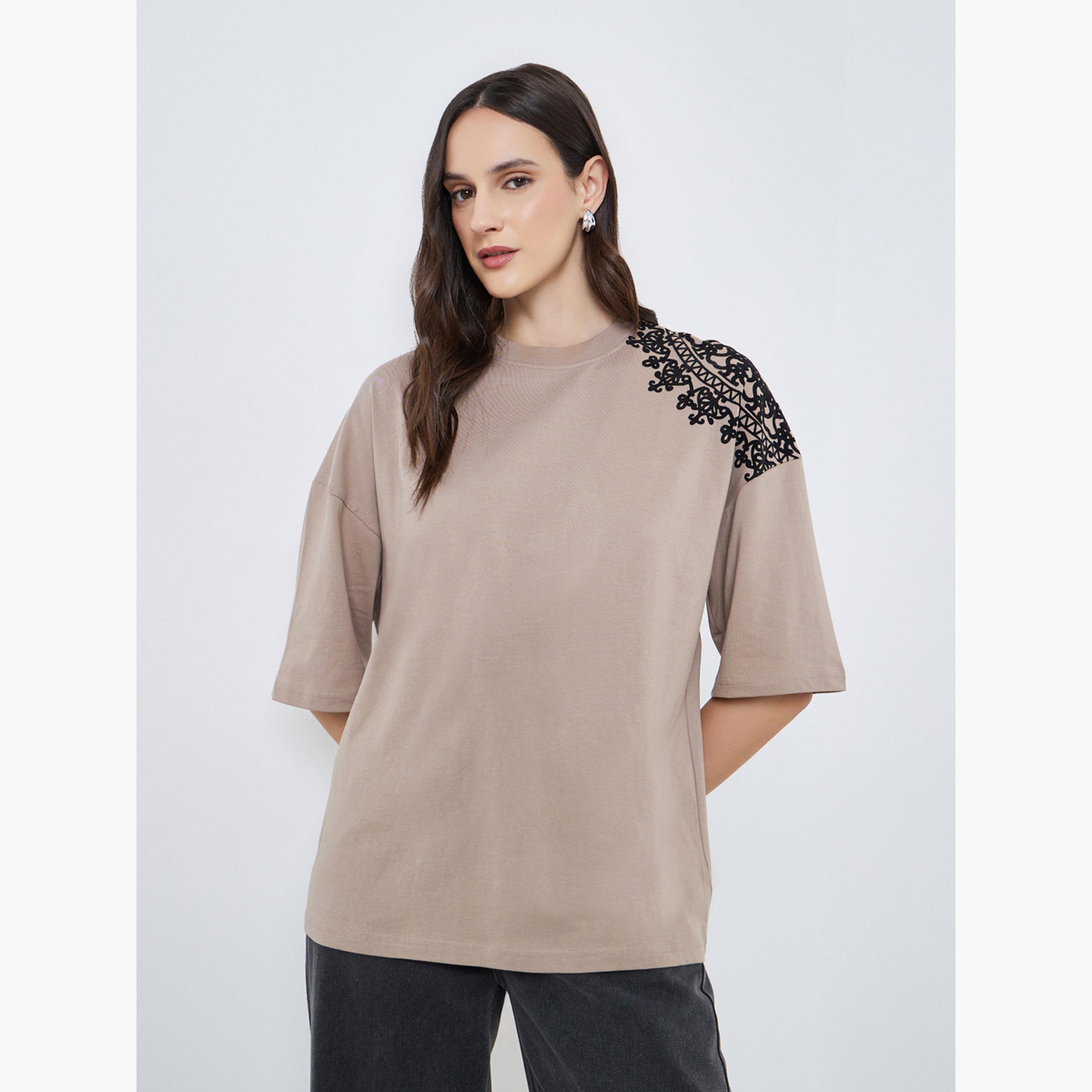 Styli Women Beige Placement Flocked Oversized T-Shirt-women-clothing-tshirts-image-1