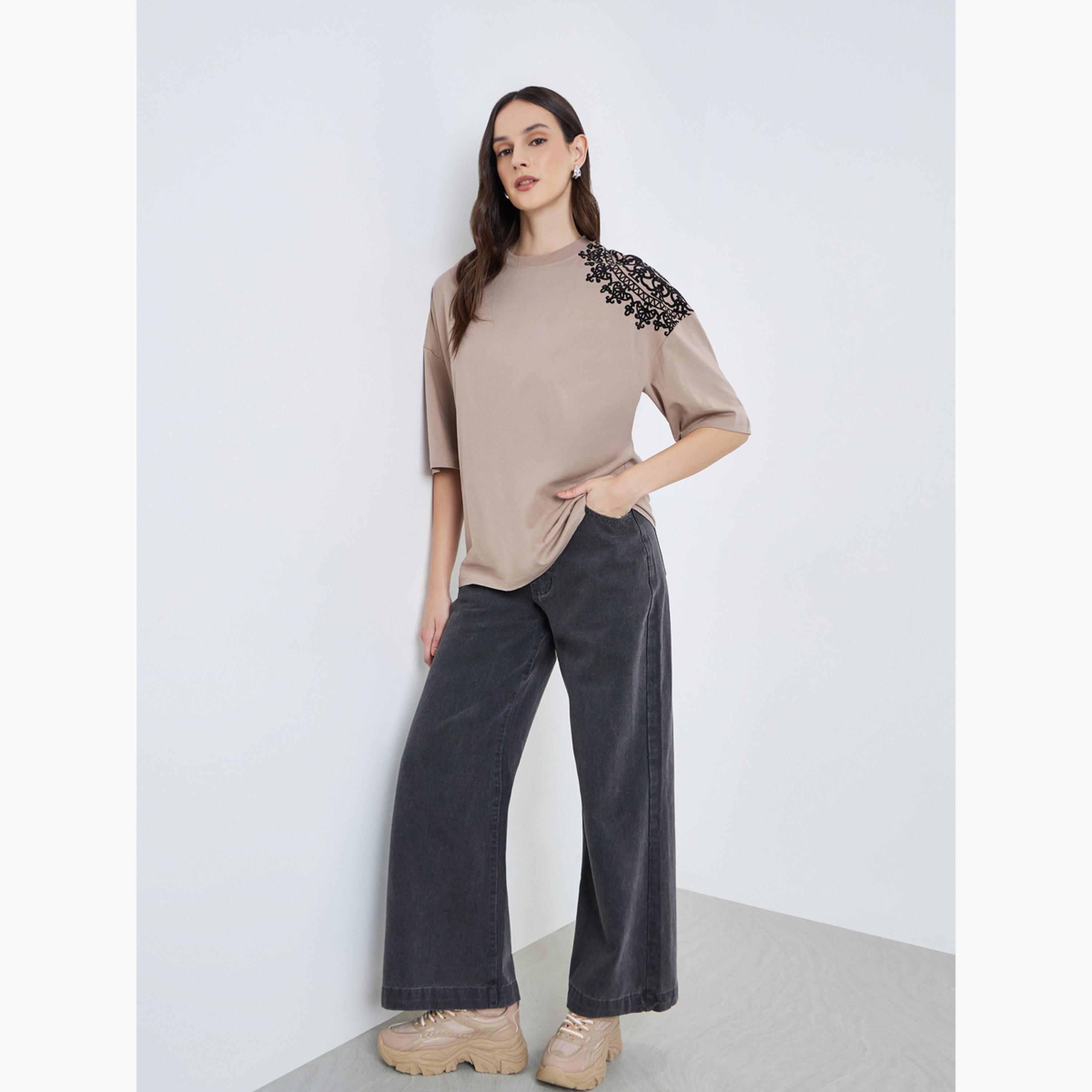 Styli Women Beige Placement Flocked Oversized T-Shirt-women-clothing-tshirts-image-2