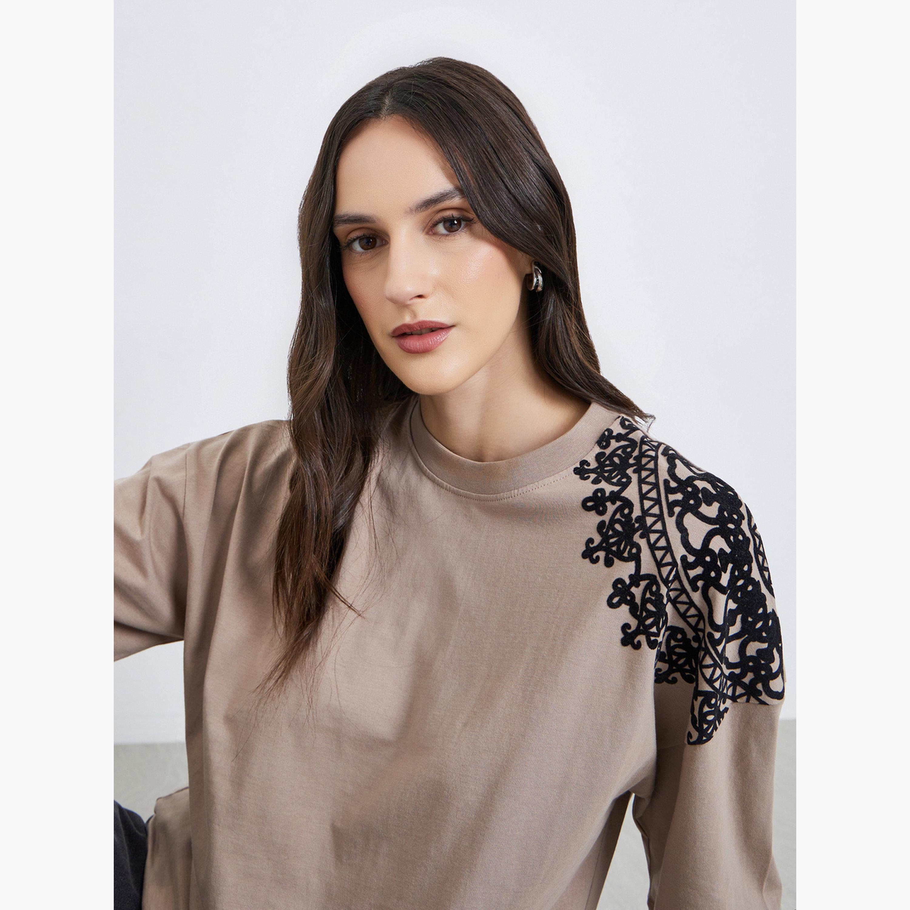 Styli Women Beige Placement Flocked Oversized T-Shirt-women-clothing-tshirts-image-3