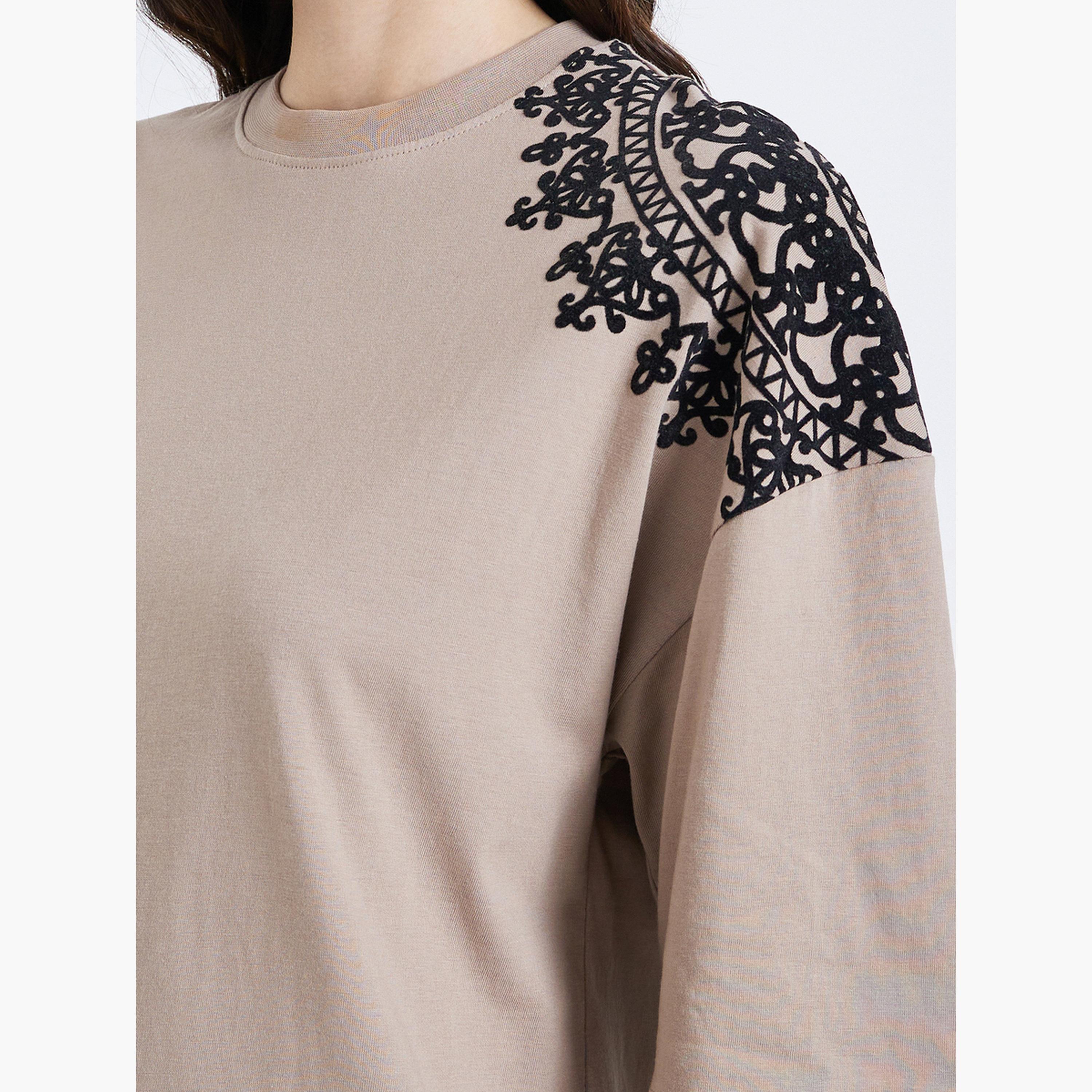 Styli Women Beige Placement Flocked Oversized T-Shirt-women-clothing-tshirts-image-4