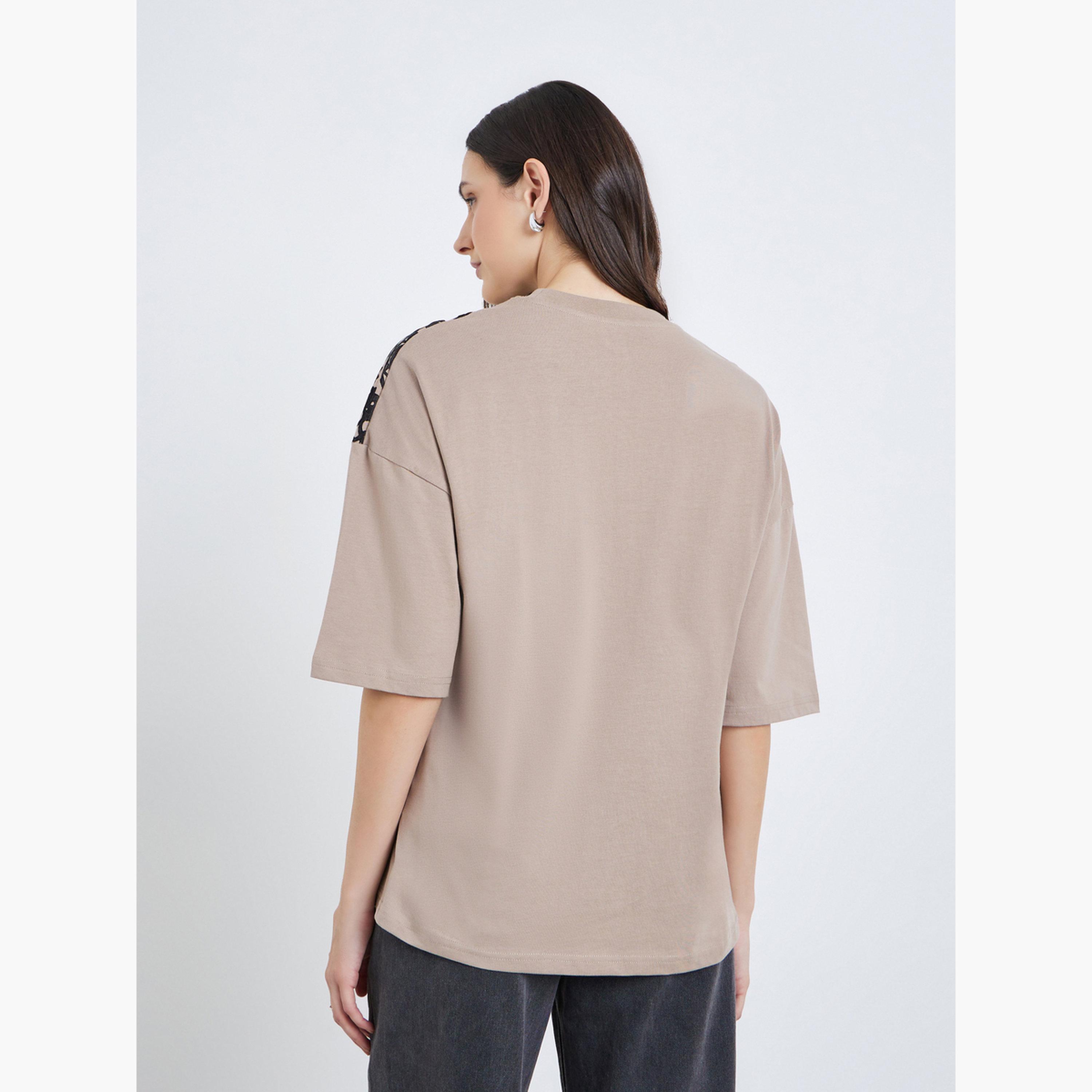 Styli Women Beige Placement Flocked Oversized T-Shirt-women-clothing-tshirts-image-5