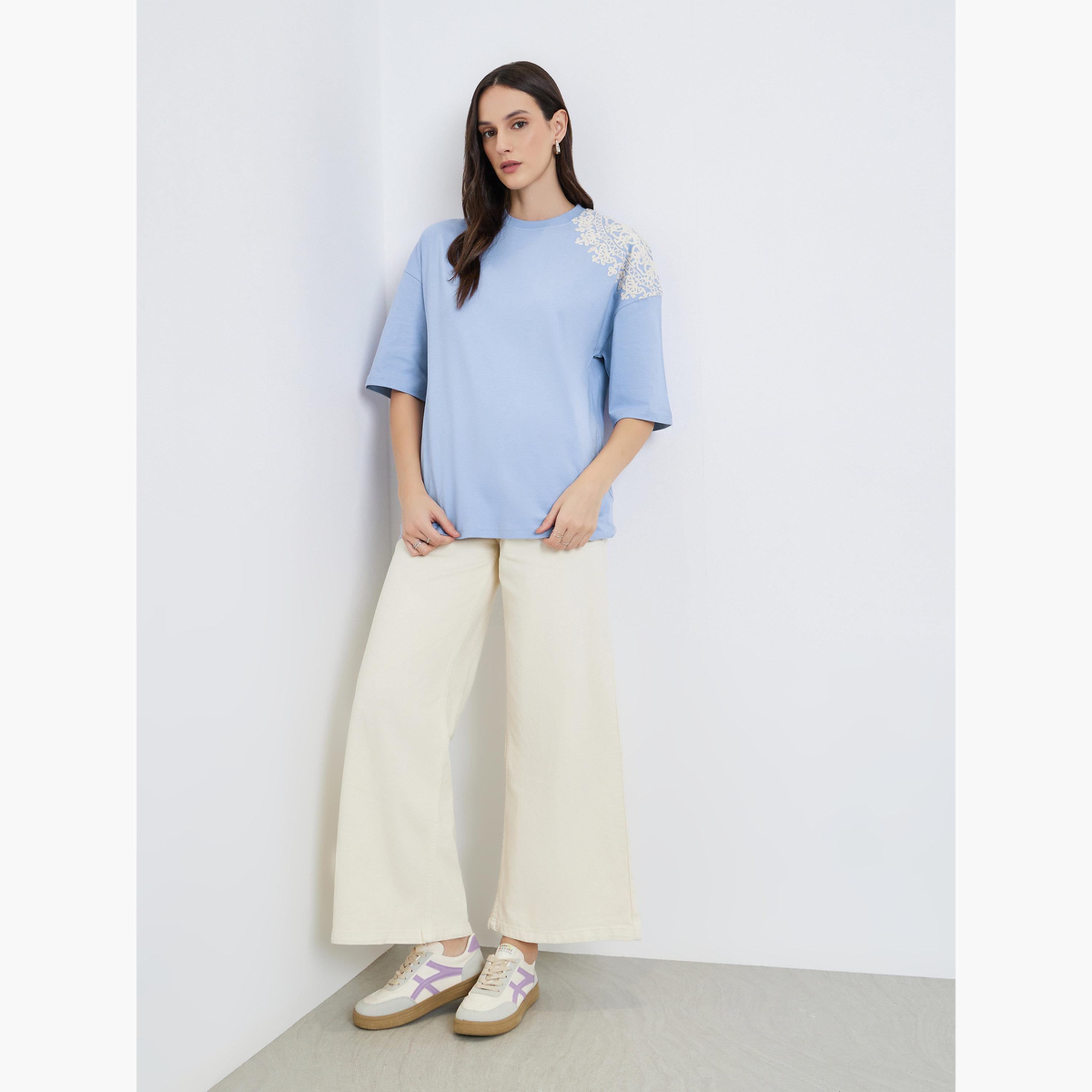 Styli Women Light Blue Placement Flocked Oversized T-Shirt-women-clothing-tshirts-image-2