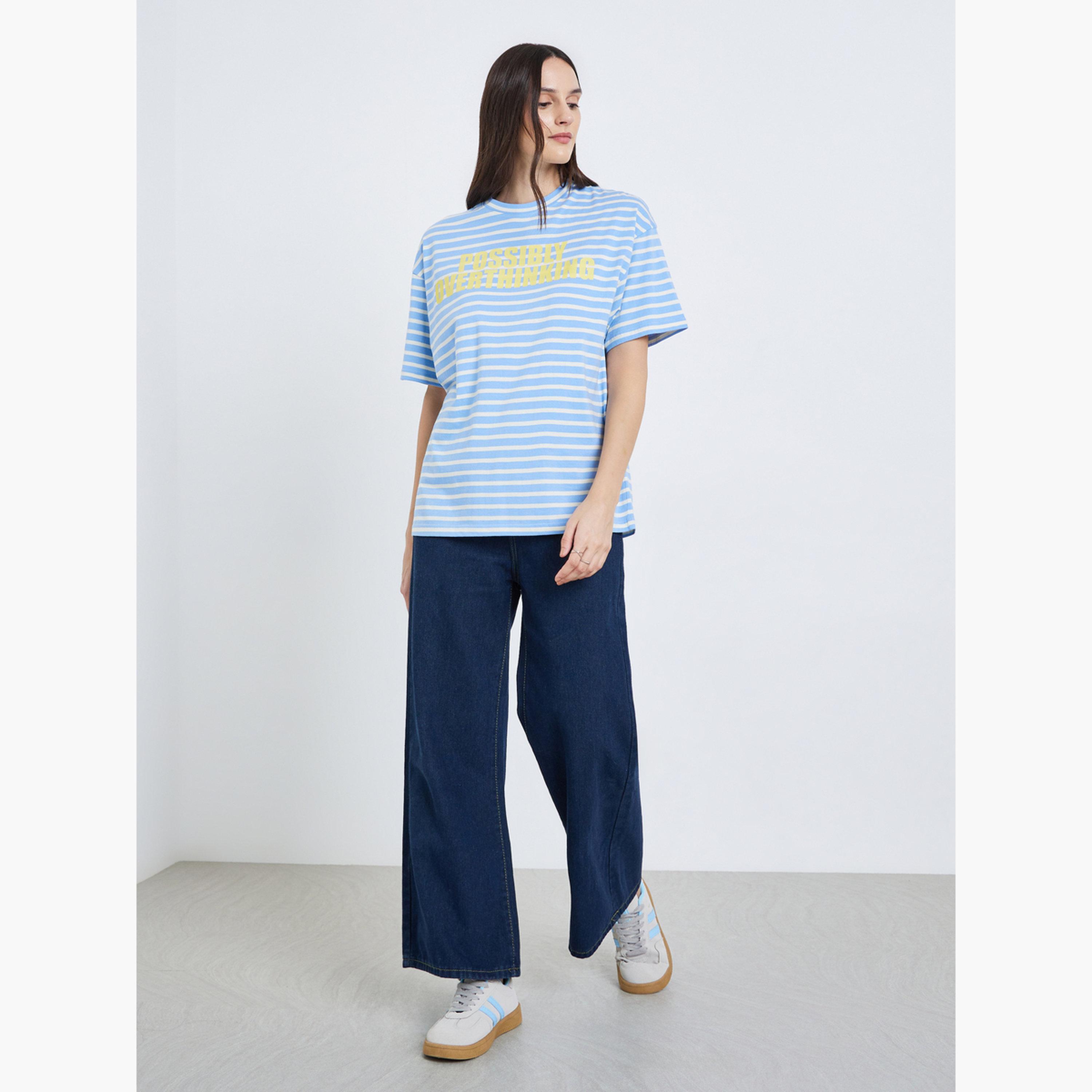 Styli Women Blue Striped Oversized T-Shirt-women-clothing-tshirts-image-2