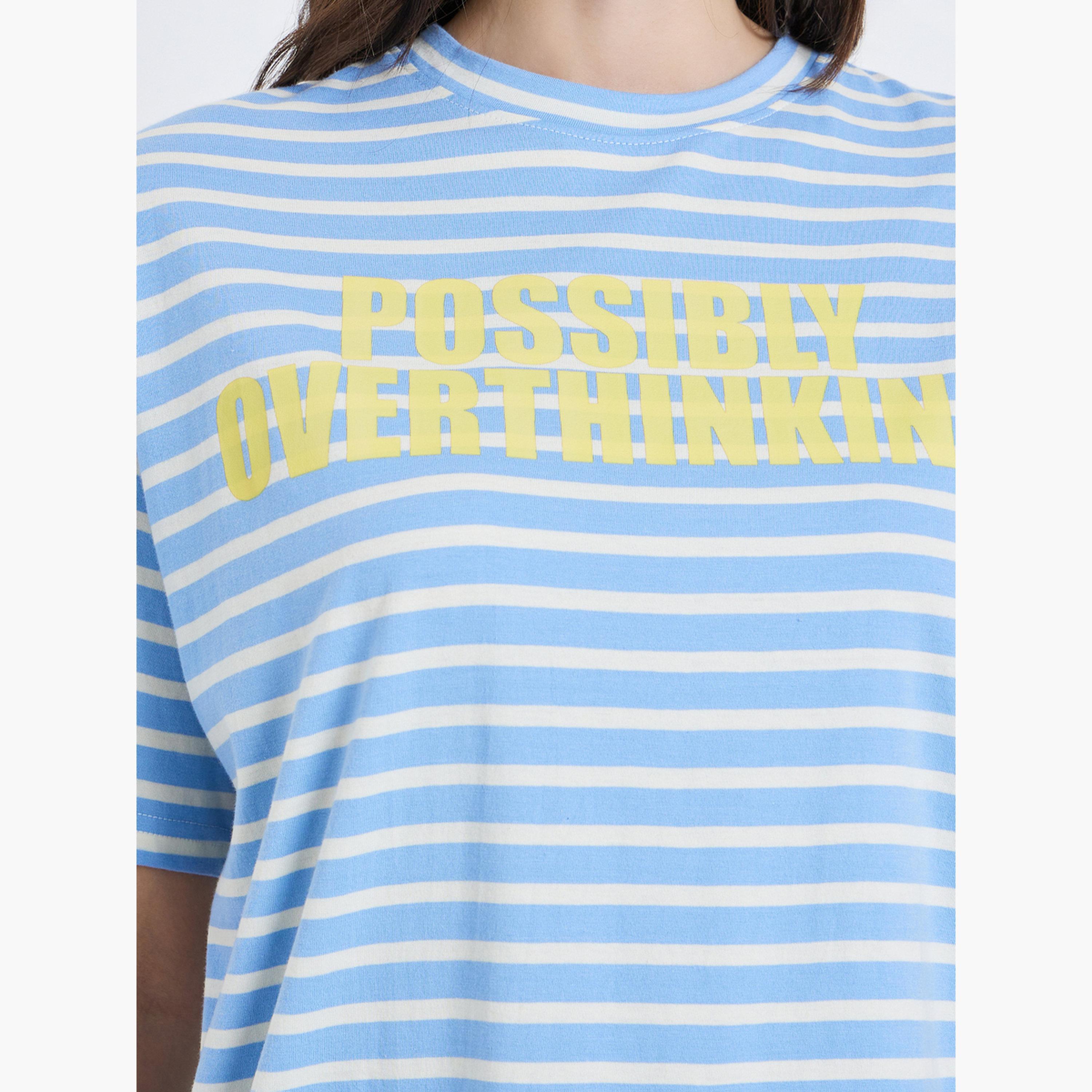 Styli Women Blue Striped Oversized T-Shirt-women-clothing-tshirts-image-3