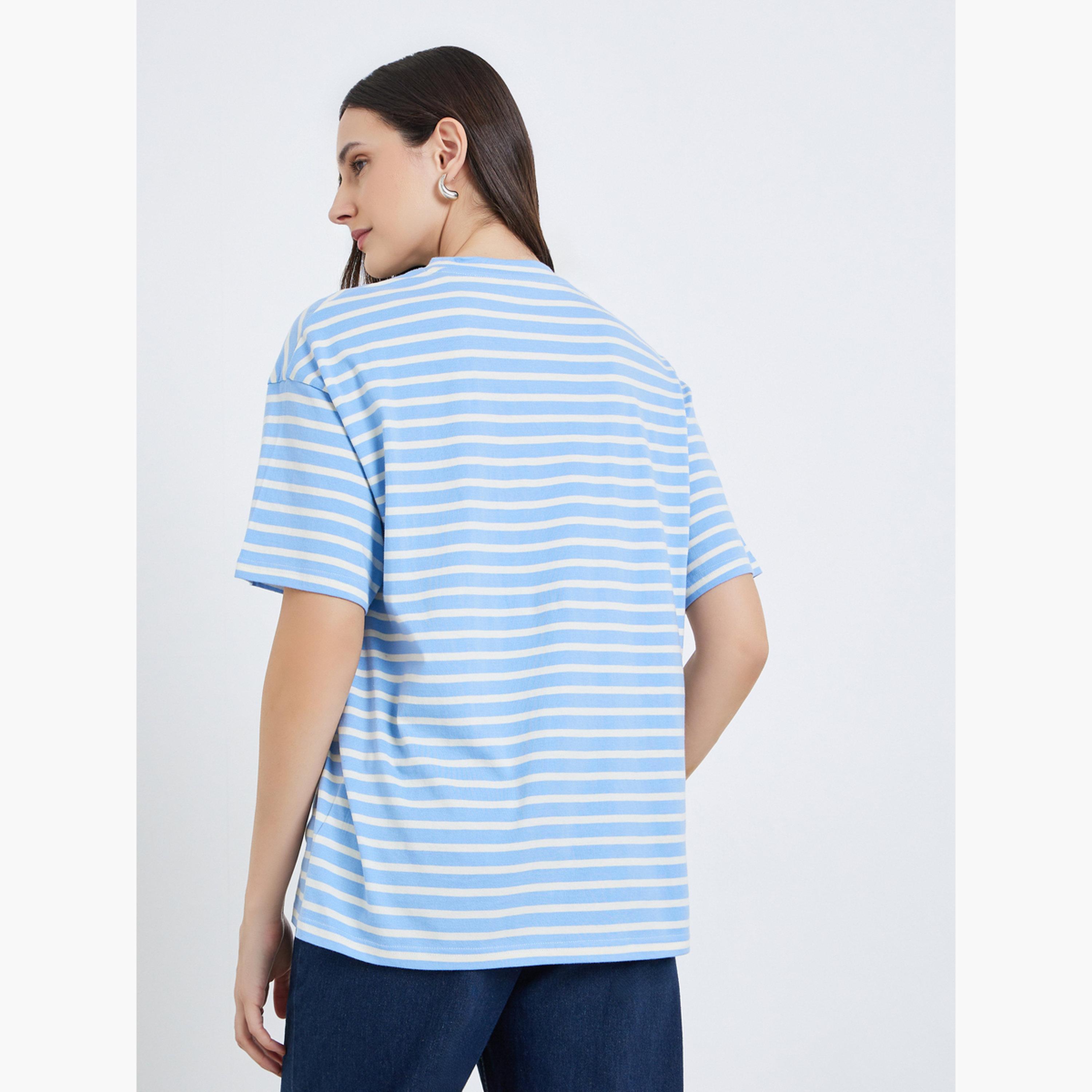Styli Women Blue Striped Oversized T-Shirt-women-clothing-tshirts-image-4