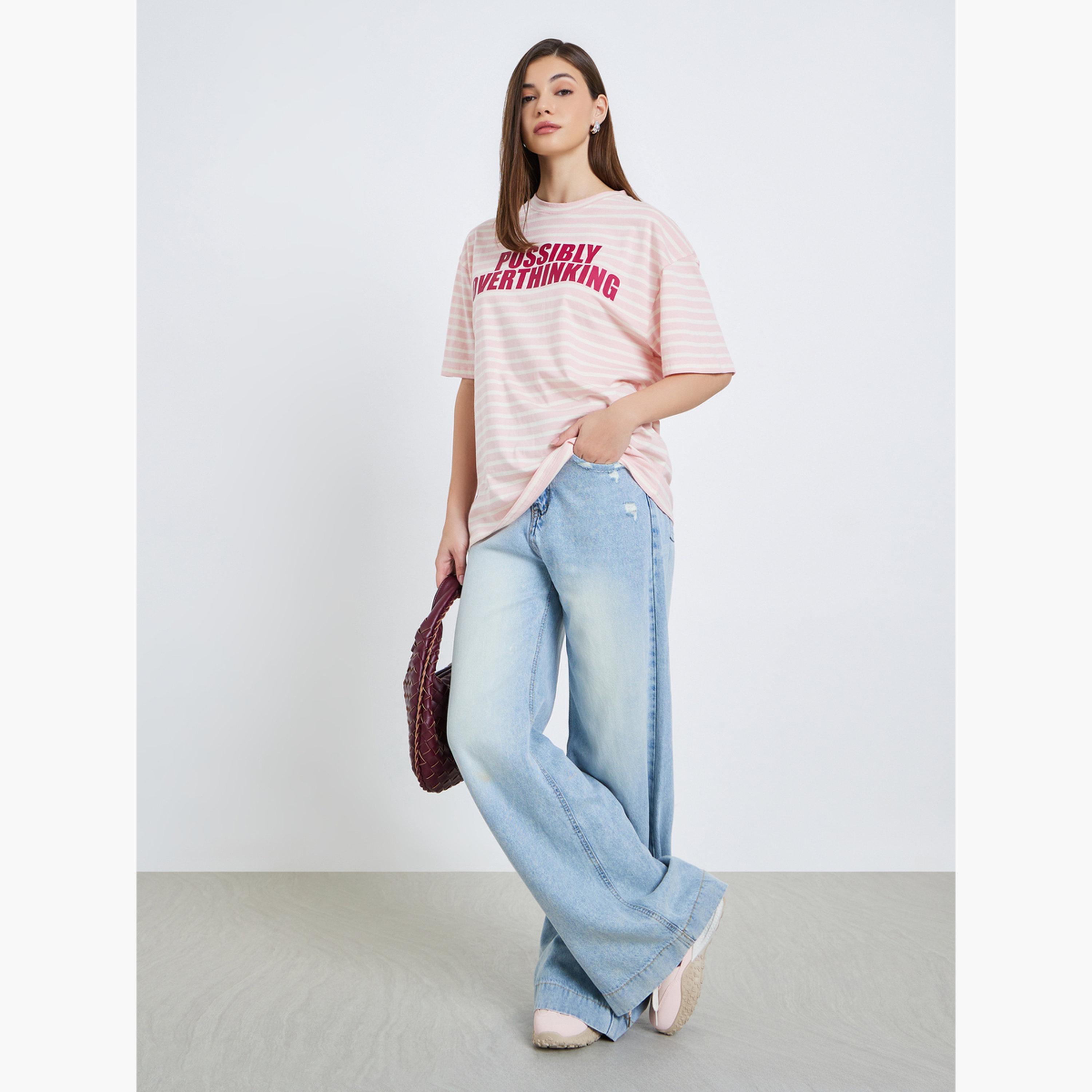 Styli Women Pink Striped Oversized T-Shirt-women-clothing-tshirts-image-2