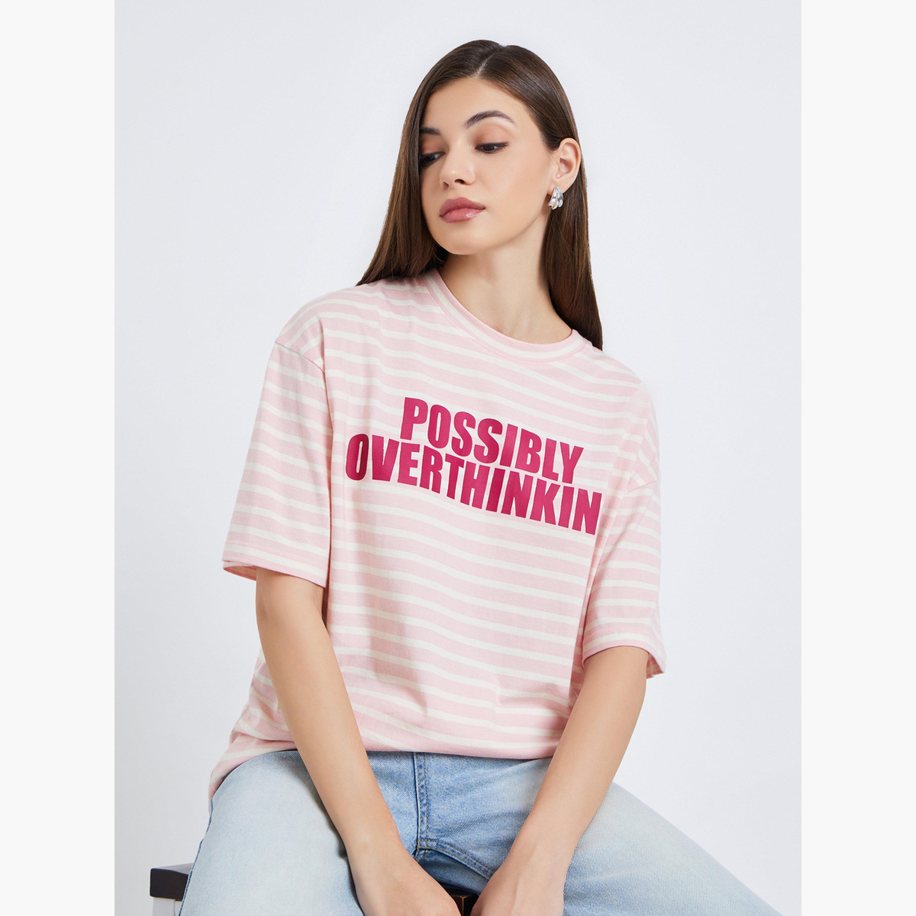 Styli Women Pink Striped Oversized T-Shirt-women-clothing-tshirts-image-3
