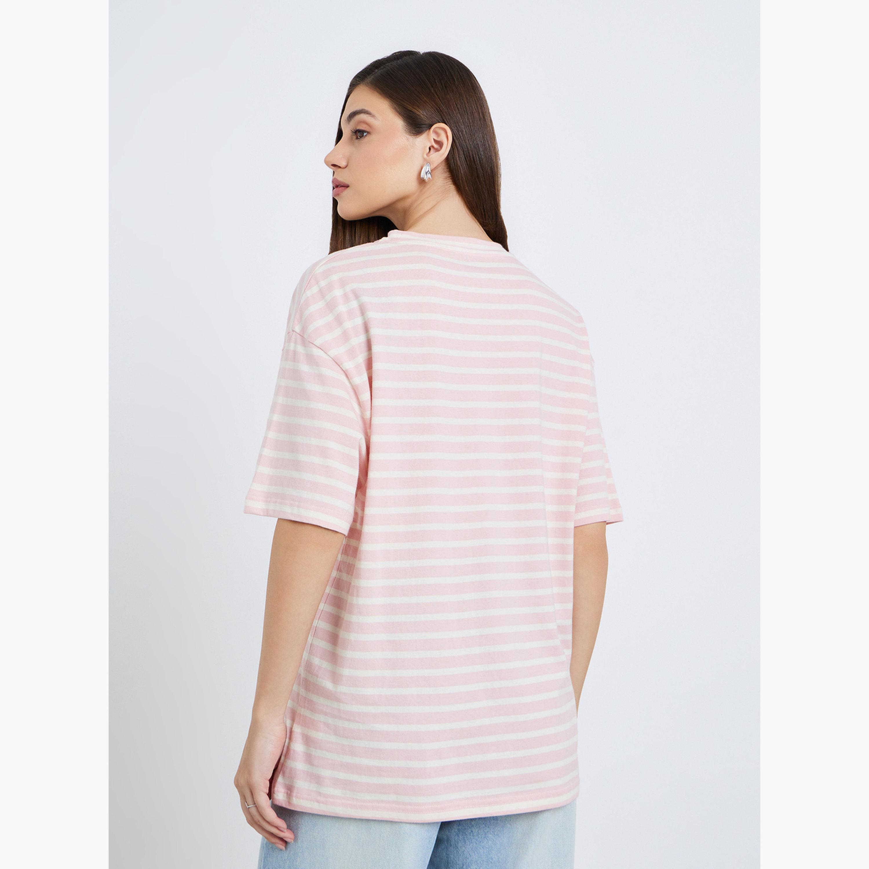 Styli Women Pink Striped Oversized T-Shirt-women-clothing-tshirts-image-5