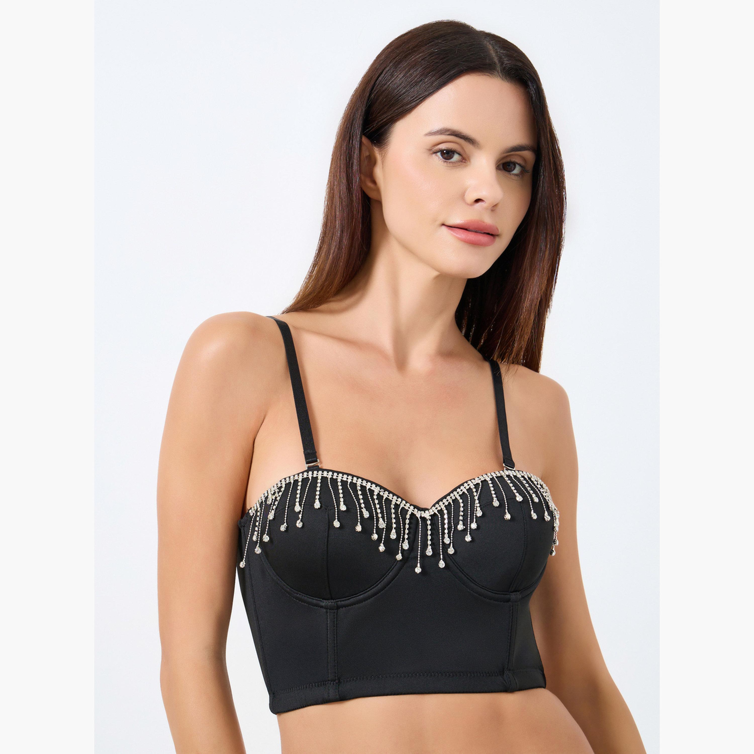 Take Two Solid Shimmering Shoulder Straps Rhinestone Tassel Detail Wired Bra-women-clothing-lingerie-bras-image-1