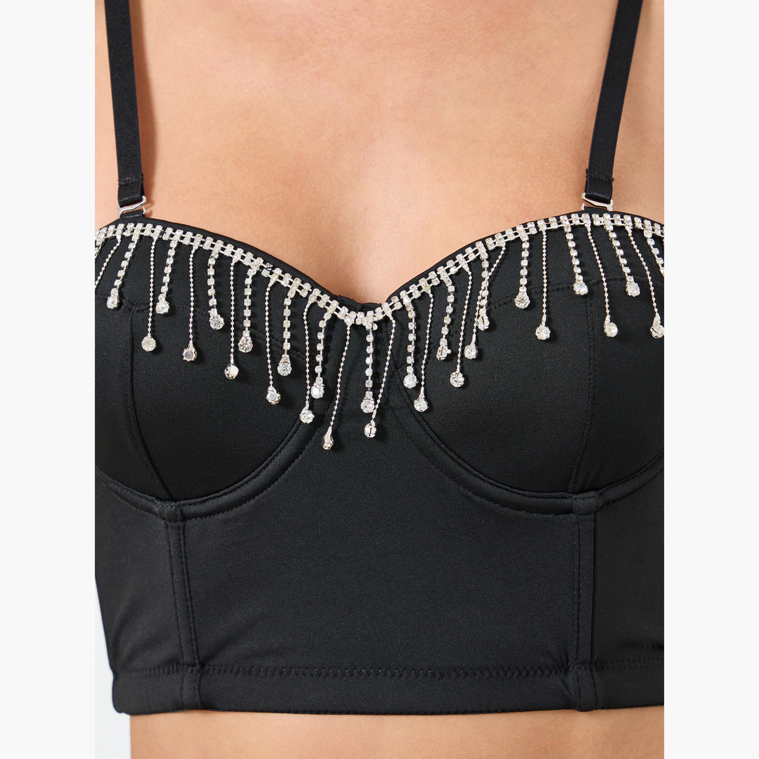 Take Two Solid Shimmering Shoulder Straps Rhinestone Tassel Detail Wired Bra-women-clothing-lingerie-bras-image-2