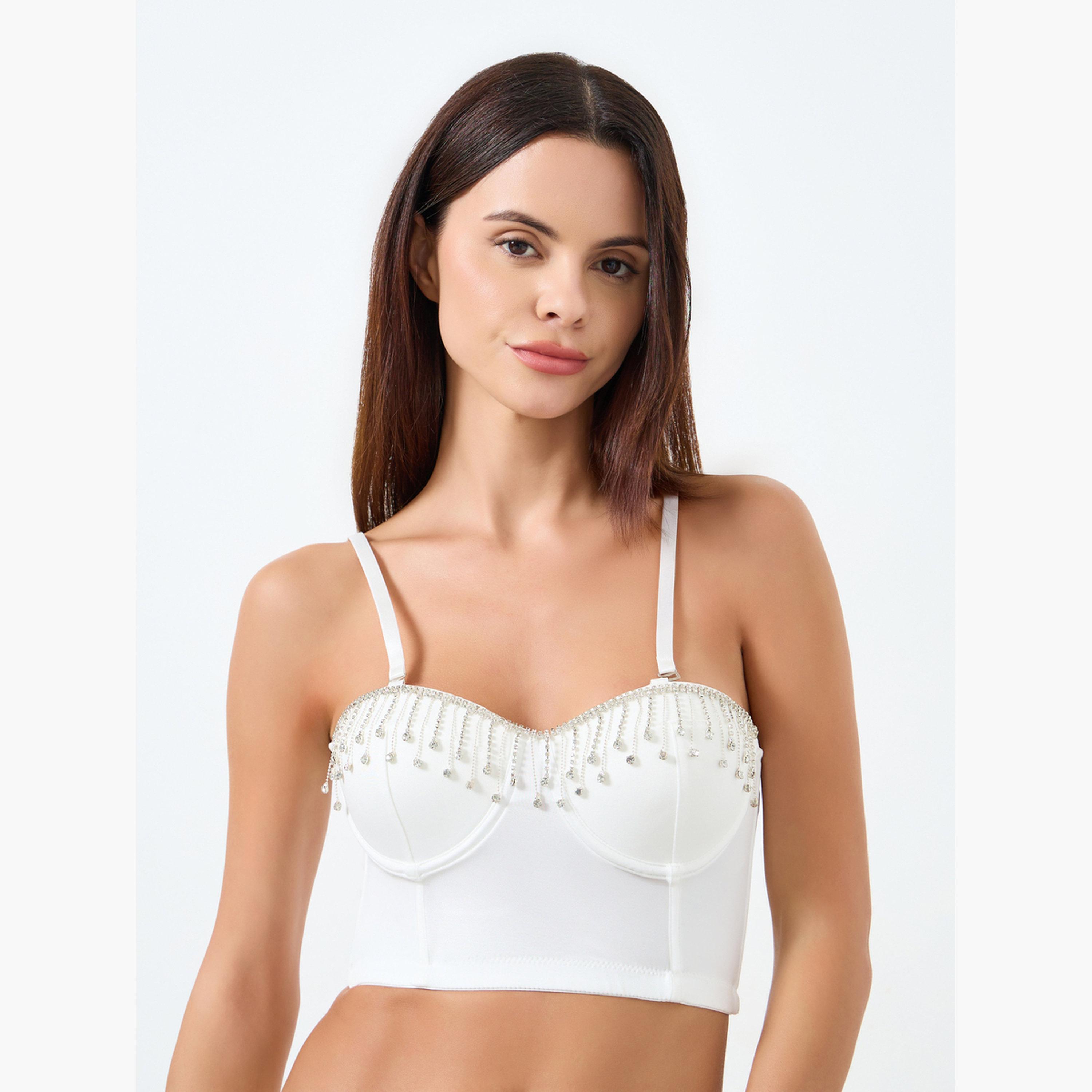 Take Two Solid Shimmering Shoulder Straps Rhinestone Tassel Detail Wired Bra-women-clothing-lingerie-bras-image-1