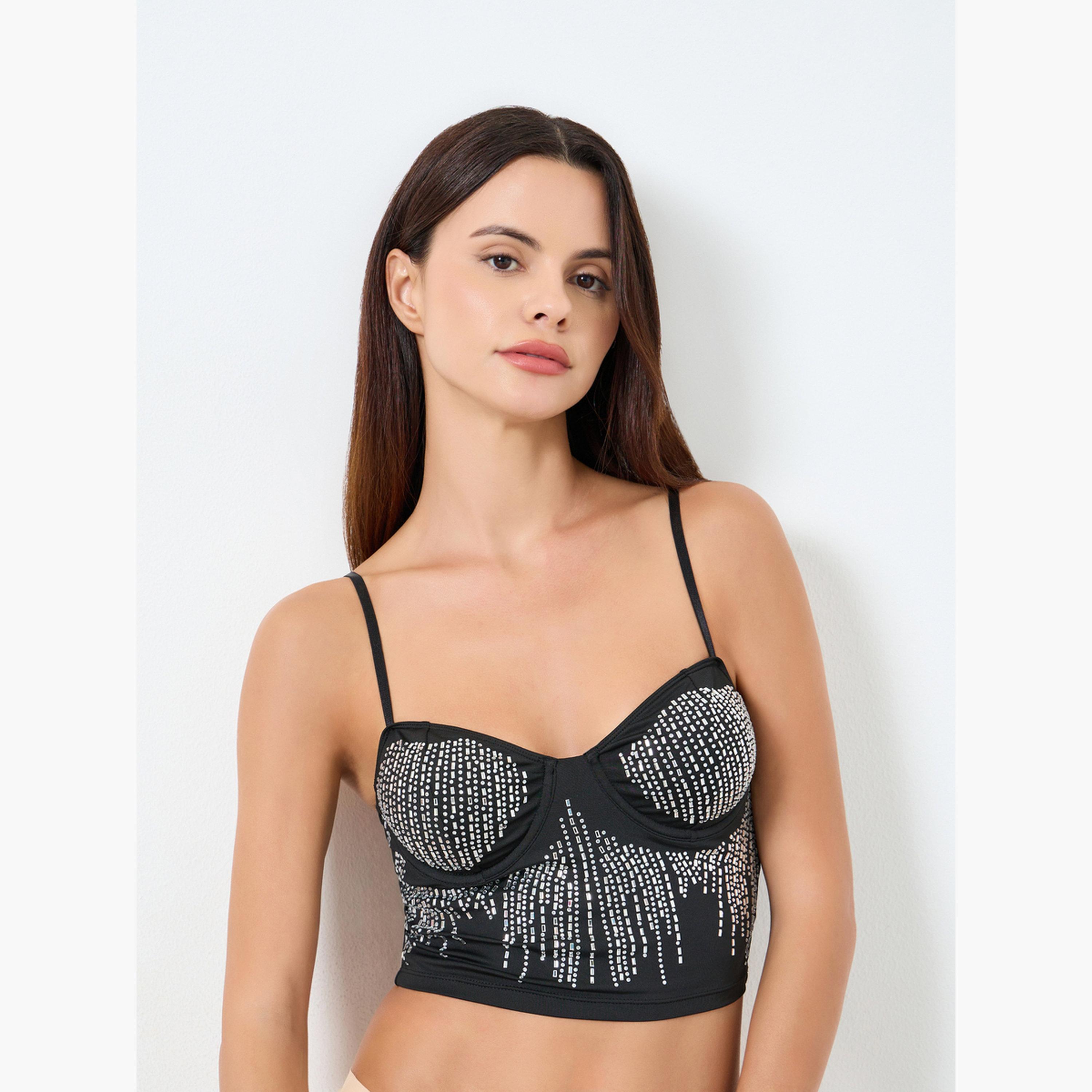 Take Two Solid Embellished Rhinestone Detail Wired Bra-women-clothing-lingerie-bras-image-1
