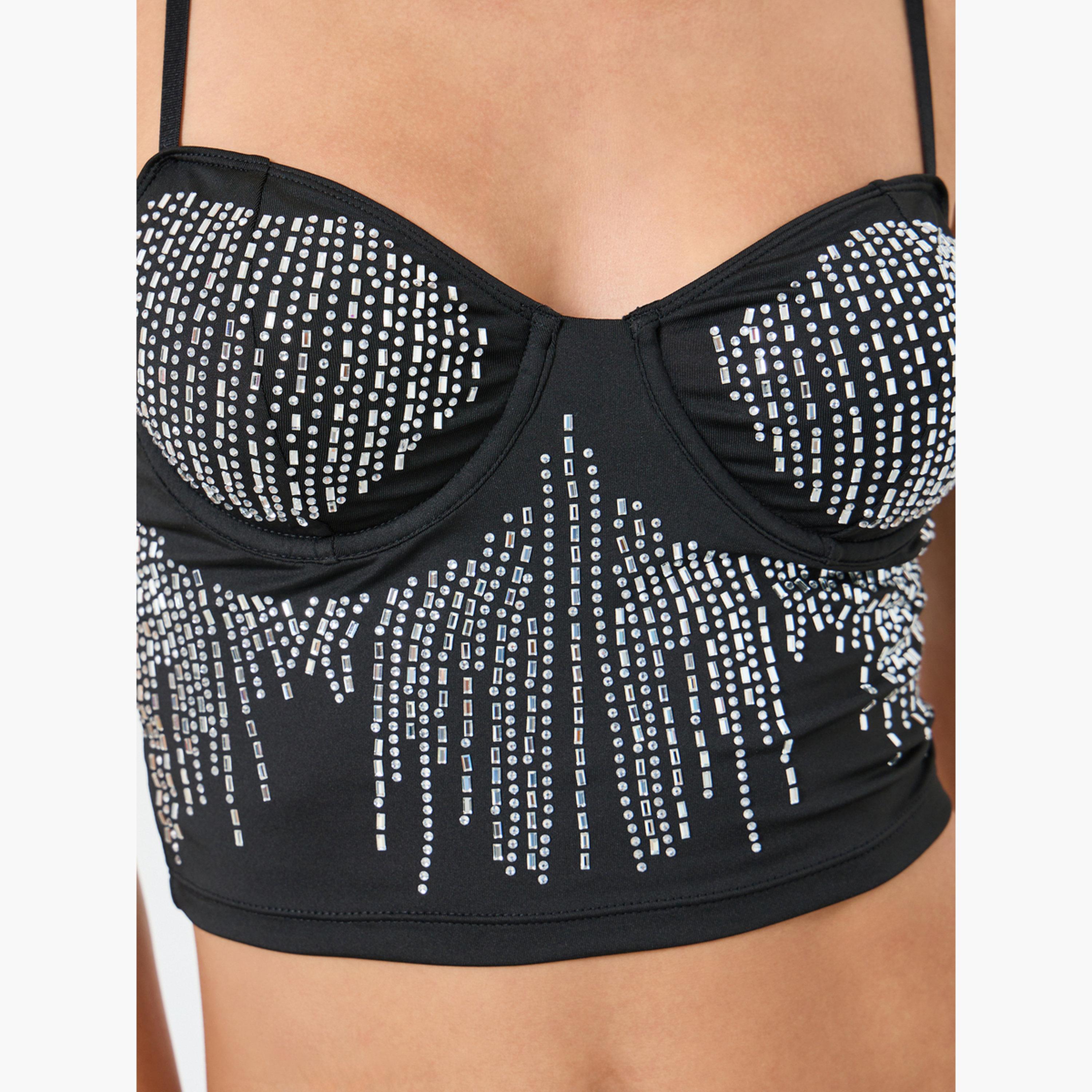 Take Two Solid Embellished Rhinestone Detail Wired Bra-women-clothing-lingerie-bras-image-2