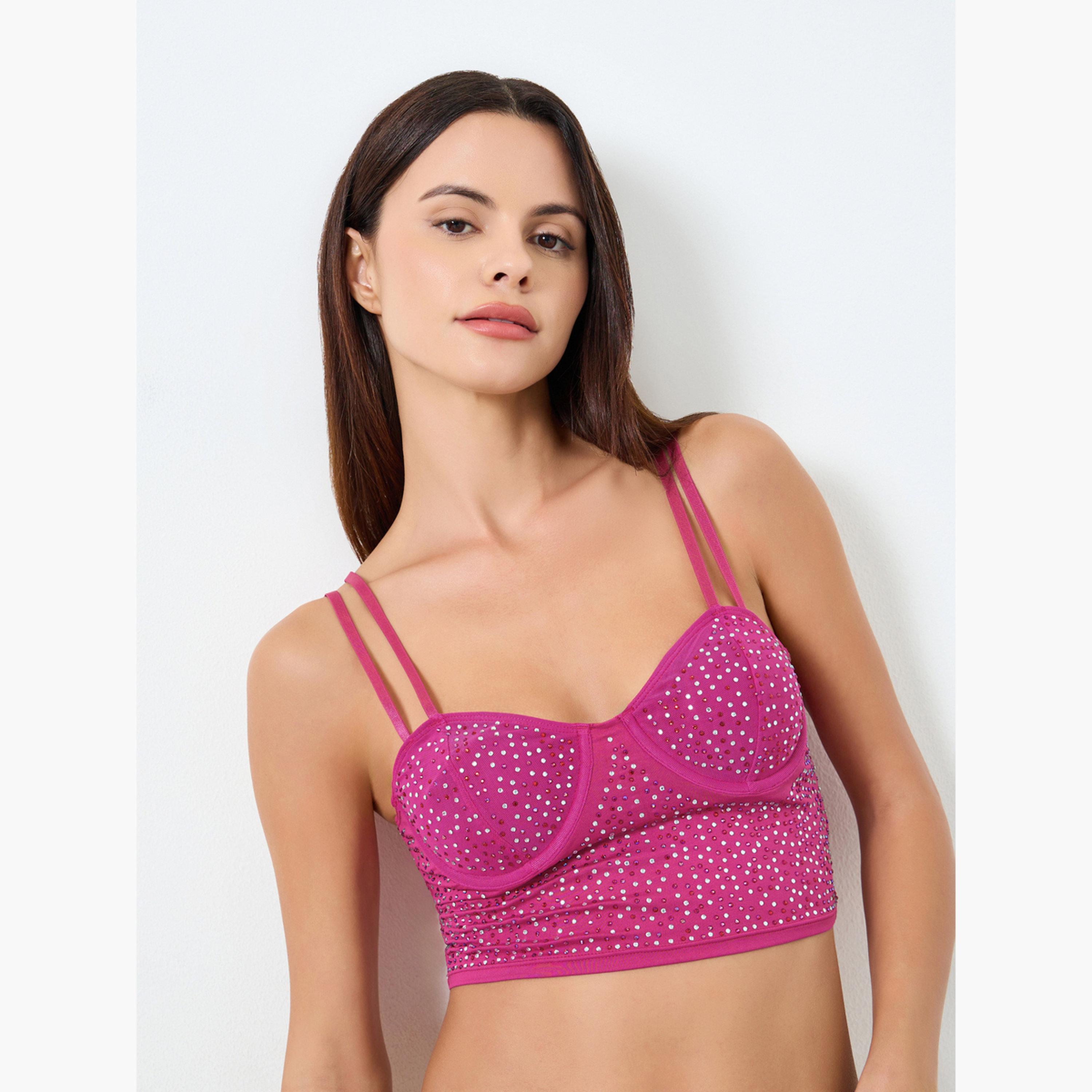 Take Two Solid Double Shoulder Straps Embellished Rhinestone Detail Wired Bra-women-clothing-lingerie-bras-image-1