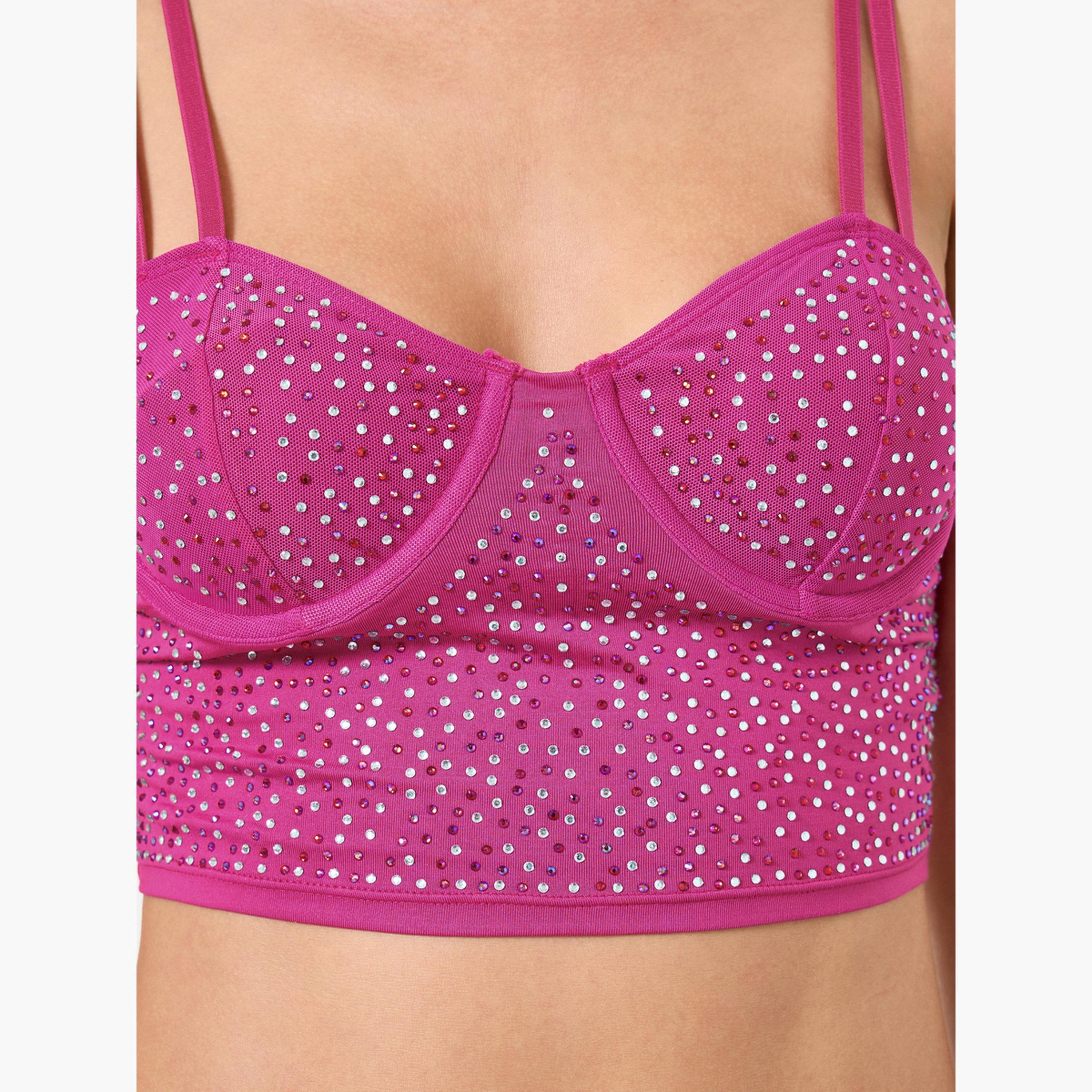 Take Two Solid Double Shoulder Straps Embellished Rhinestone Detail Wired Bra-women-clothing-lingerie-bras-image-2