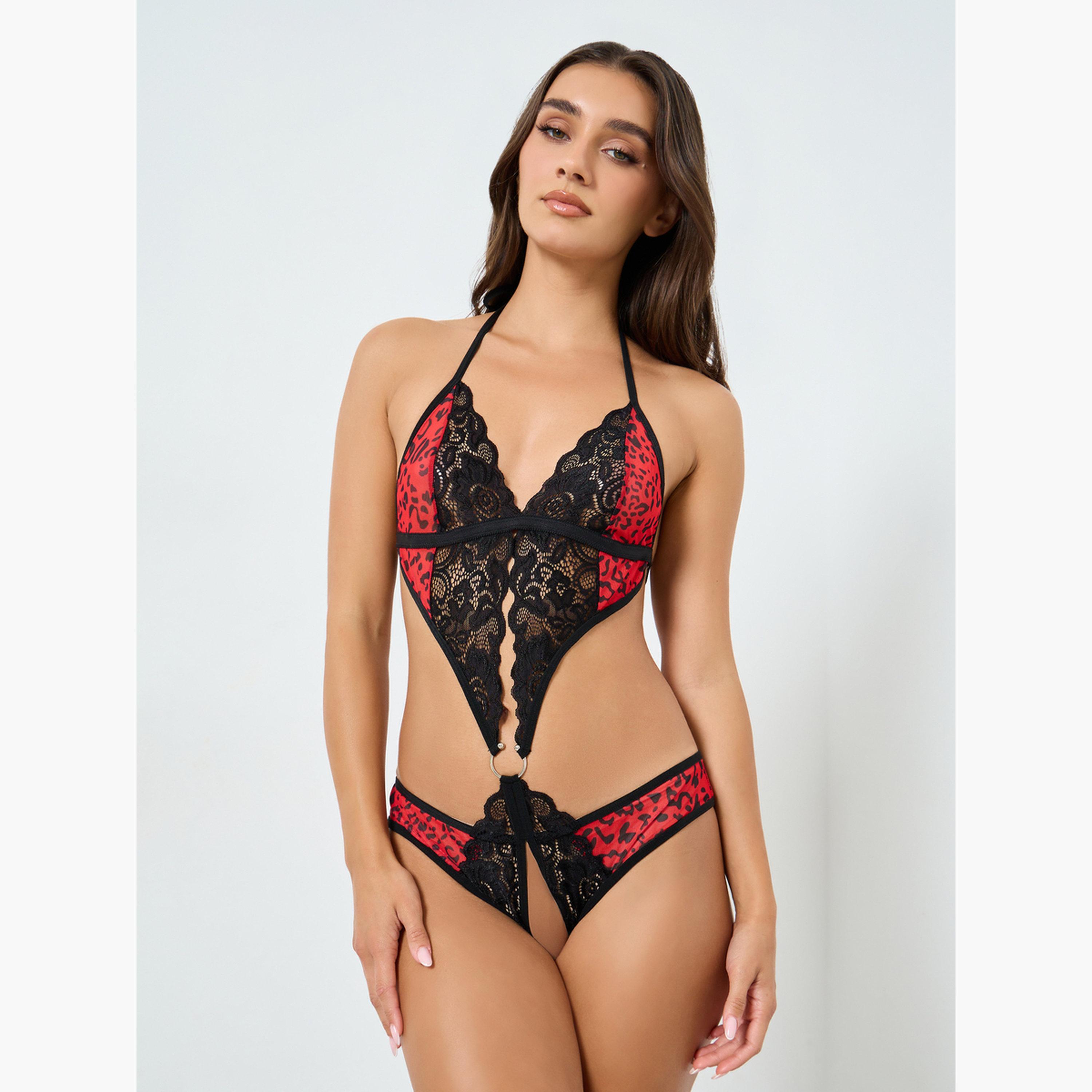 Take Two Women Leopard Printed Patchwork Black Lace Metal Circle Front Detail Bodysuit-women-clothing-lingerie-babydollsandbodysuits-image-1