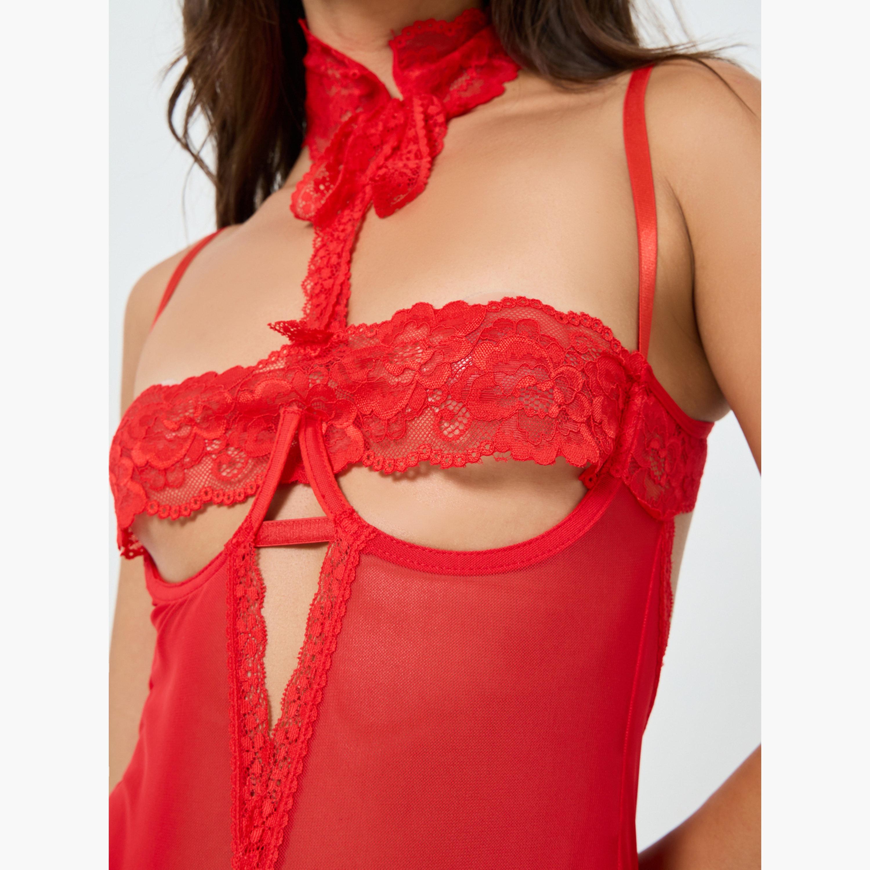 تيك تو - بودي سوت نسائي مشبك مع قطع دانتيل وتفاصيل مفتوحة، مع قناع عين من الدانتيل-women-clothing-lingerie-babydollsandbodysuits-image-5