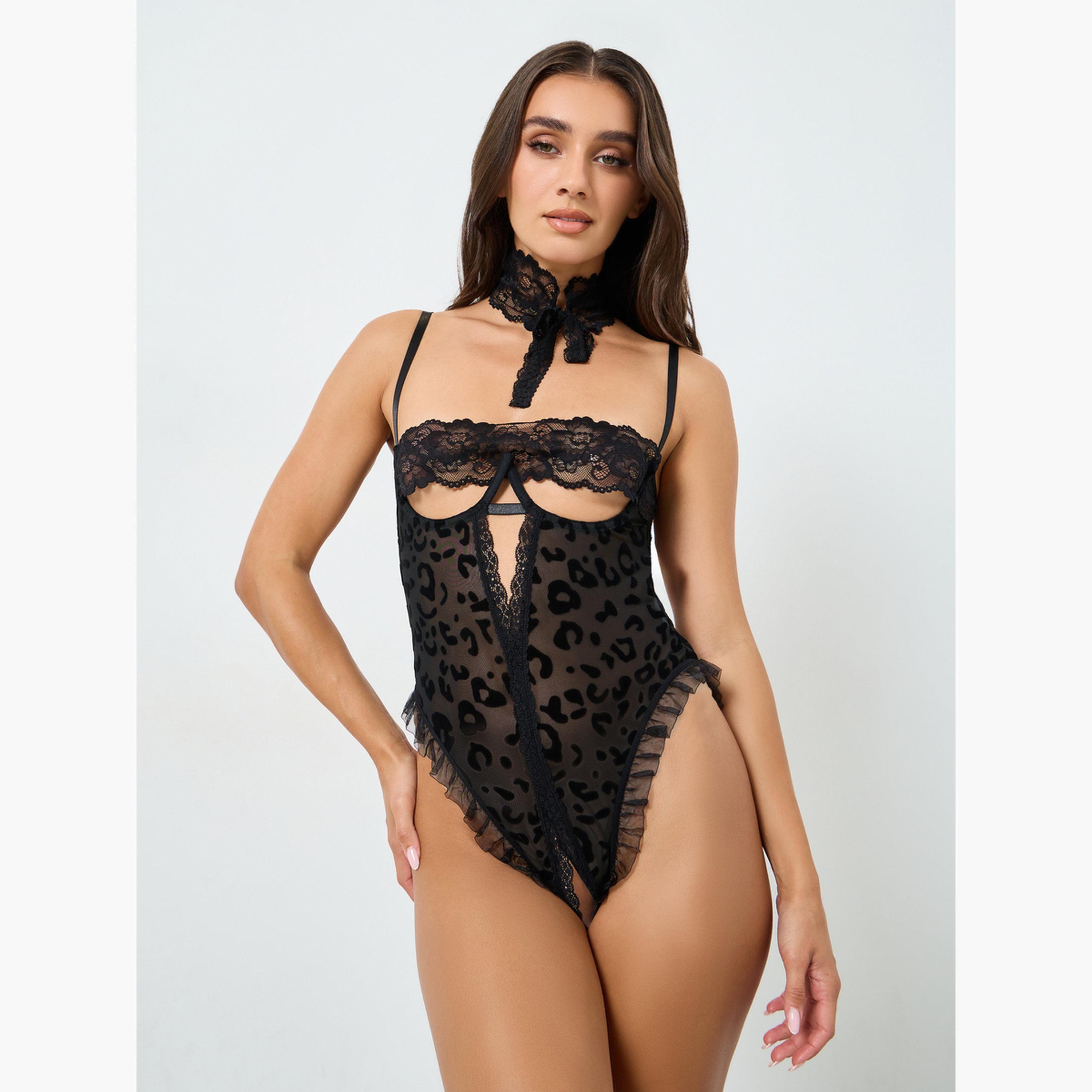 Take Two Women Lace Patchwork Mesh Cut Out Detail Bodysuit with Lace Eye Mask Set-women-clothing-lingerie-babydollsandbodysuits-image-1