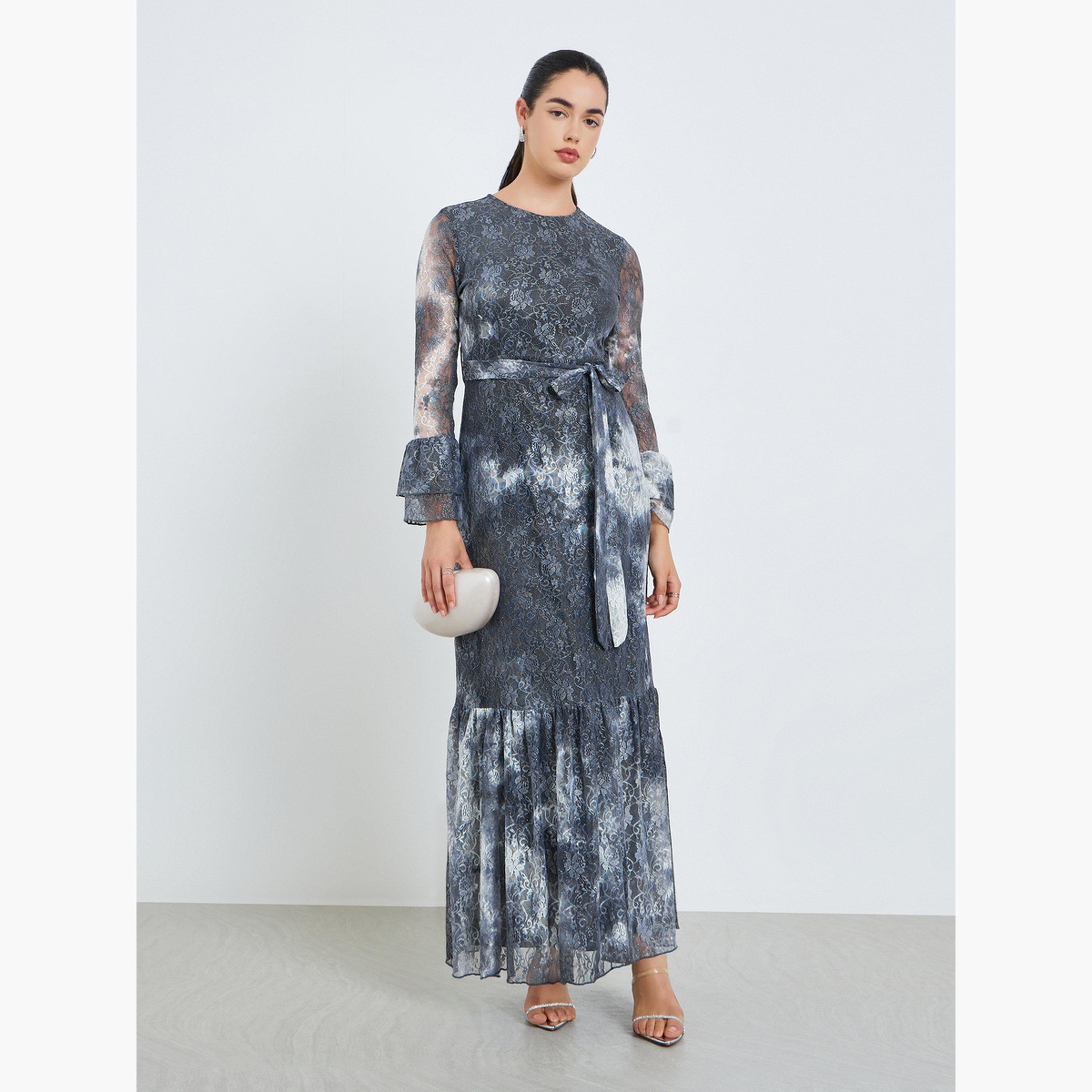 Styli Women Black Lace Ruffled Hem Maxi Dress-women-clothing-dresses-image-2