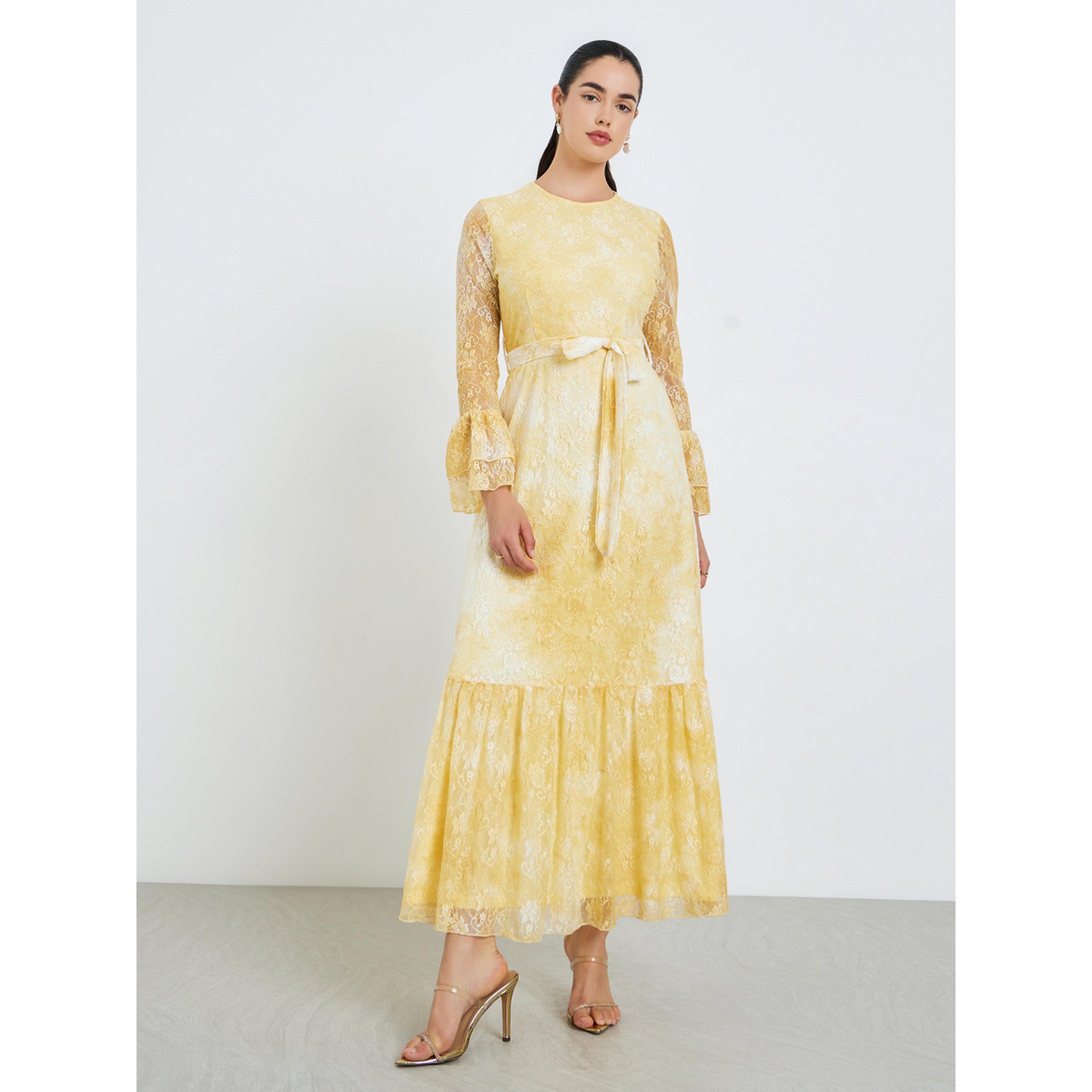 Styli Women Yellow Lace Ruffled Hem Maxi Dress-women-clothing-dresses-image-1