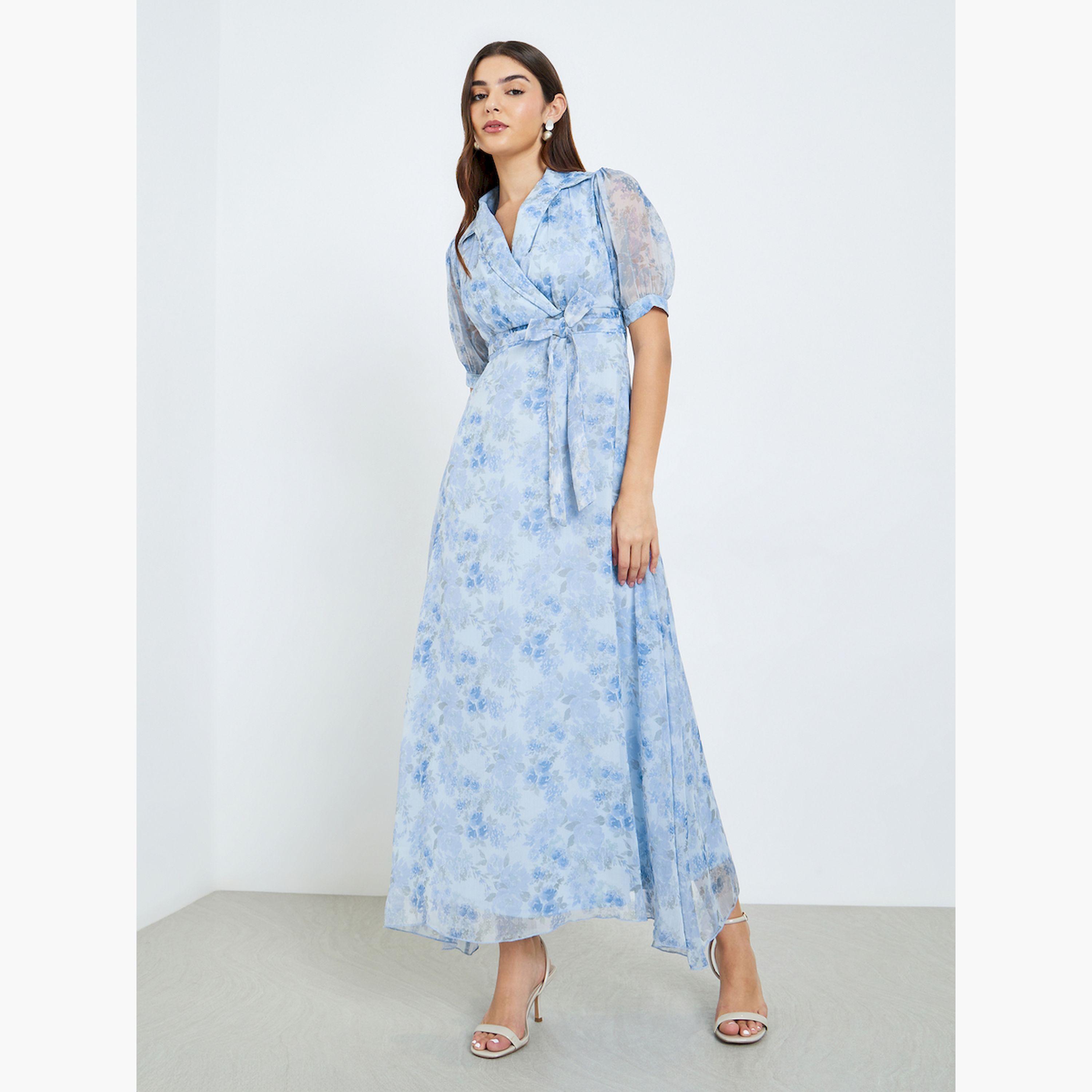 فستان طويل بأكمام منفوخة وطبعة زهور-women-clothing-dresses-image-1