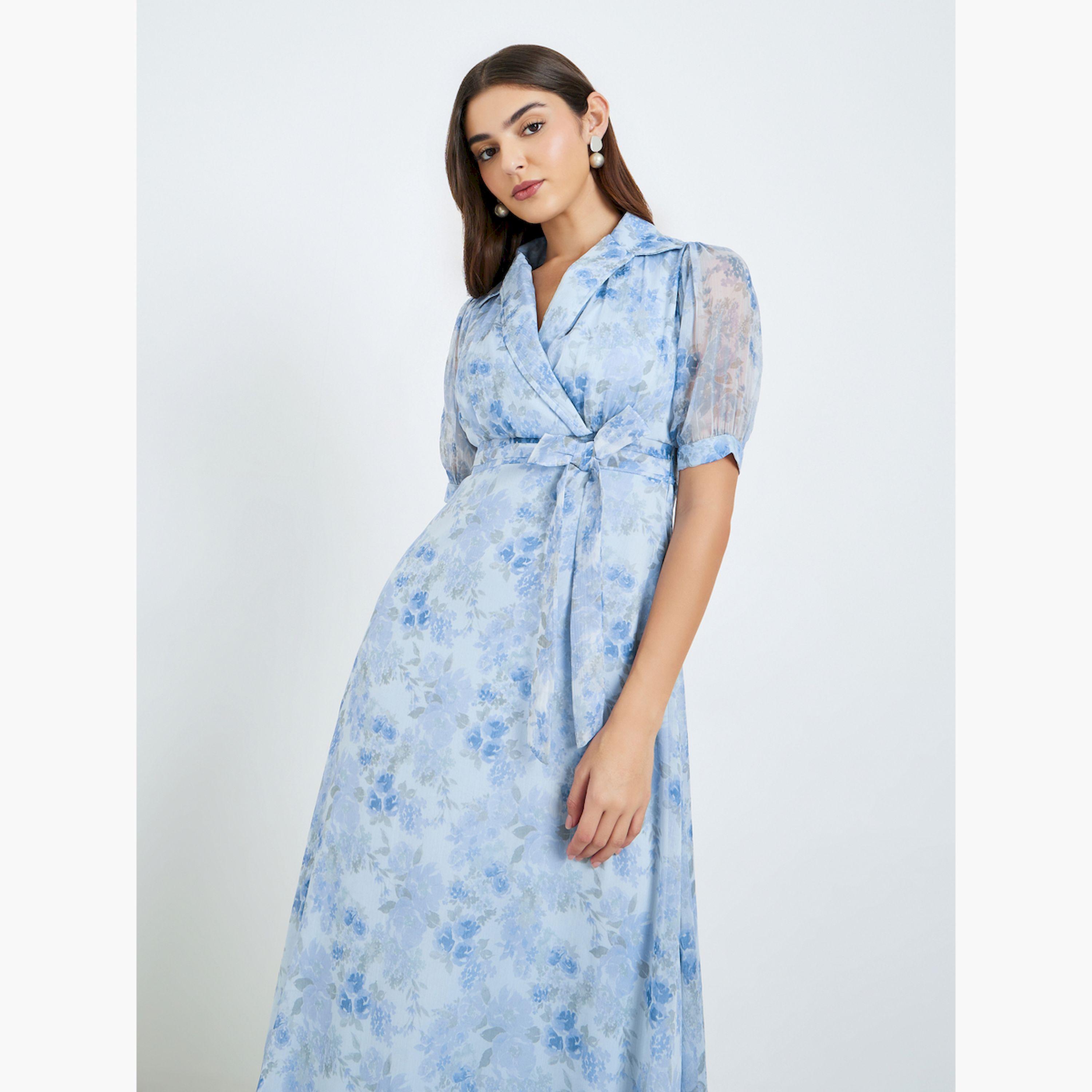 فستان طويل بأكمام منفوخة وطبعة زهور-women-clothing-dresses-image-2