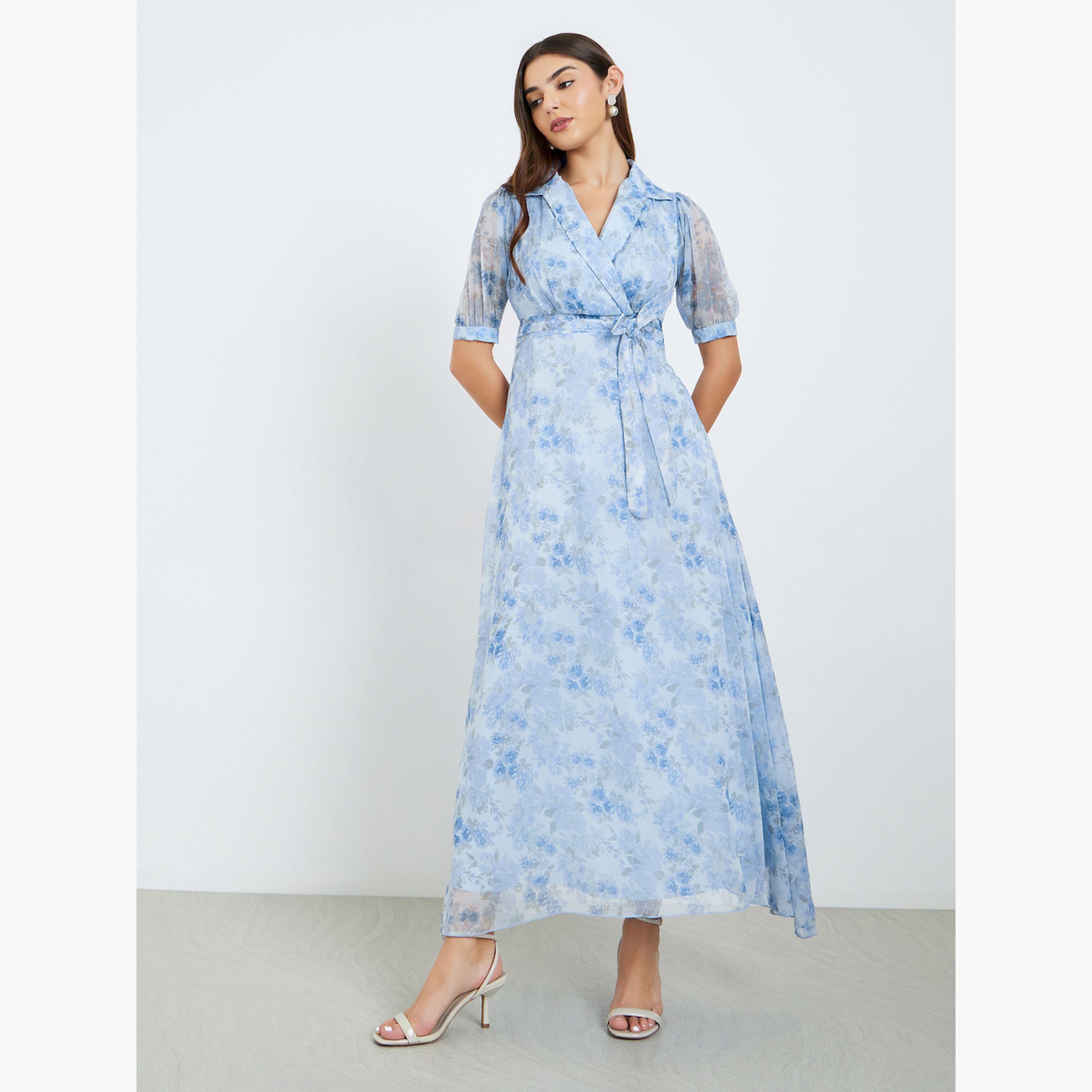فستان طويل بأكمام منفوخة وطبعة زهور-women-clothing-dresses-image-3