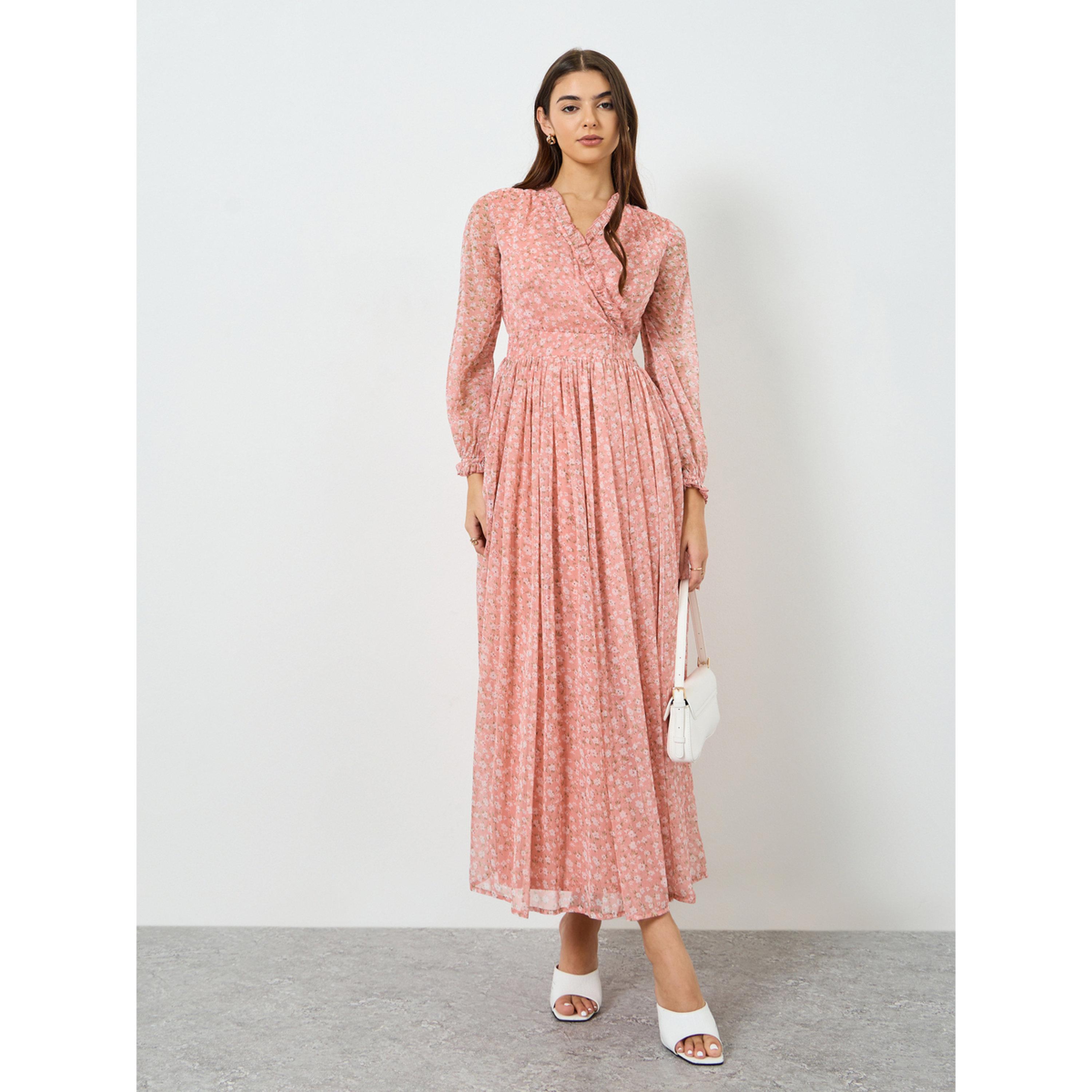 Styli Women Pink Chiffon Floral Print A-Line Maxi Dress-women-clothing-dresses-image-1