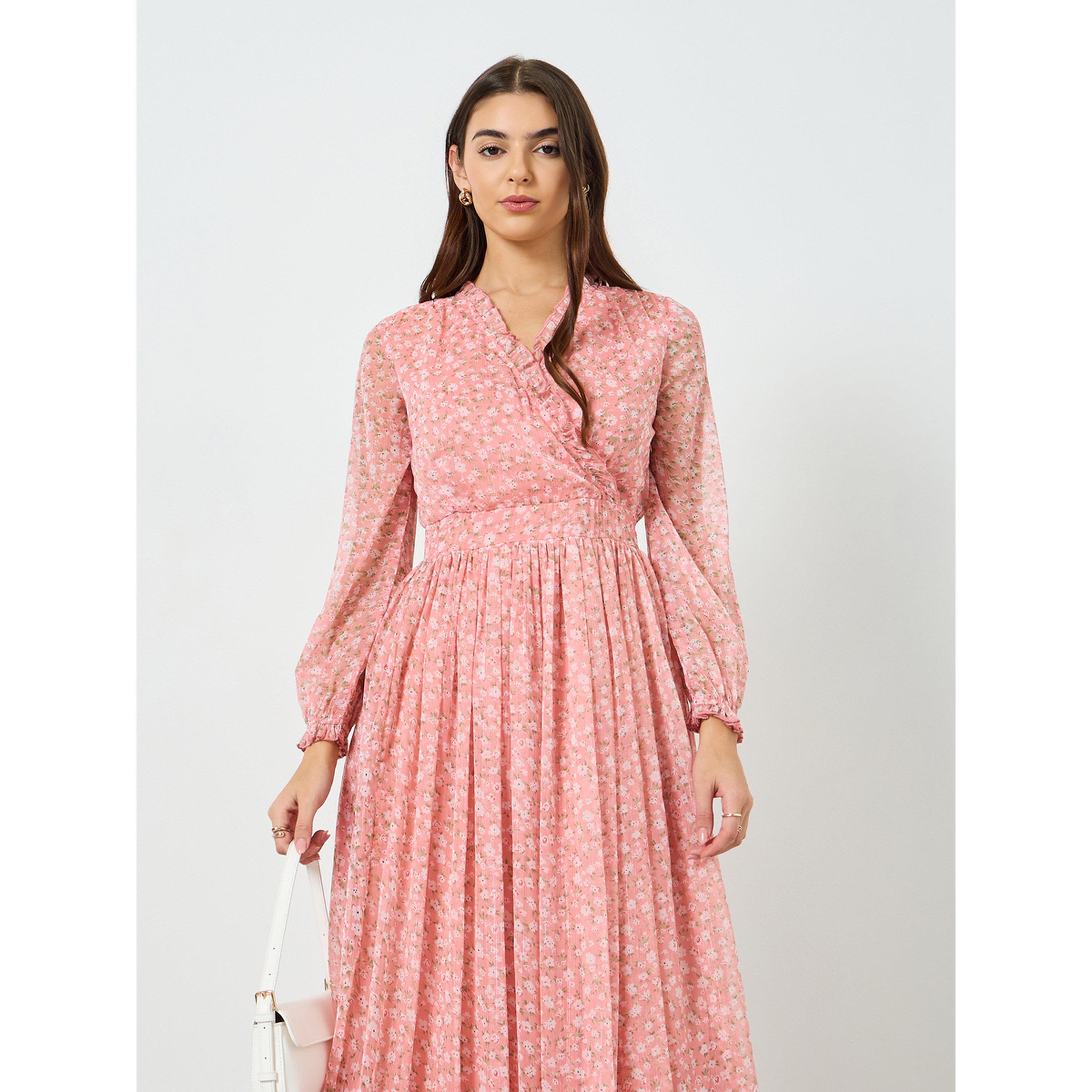 Styli Women Pink Chiffon Floral Print A-Line Maxi Dress-women-clothing-dresses-image-2