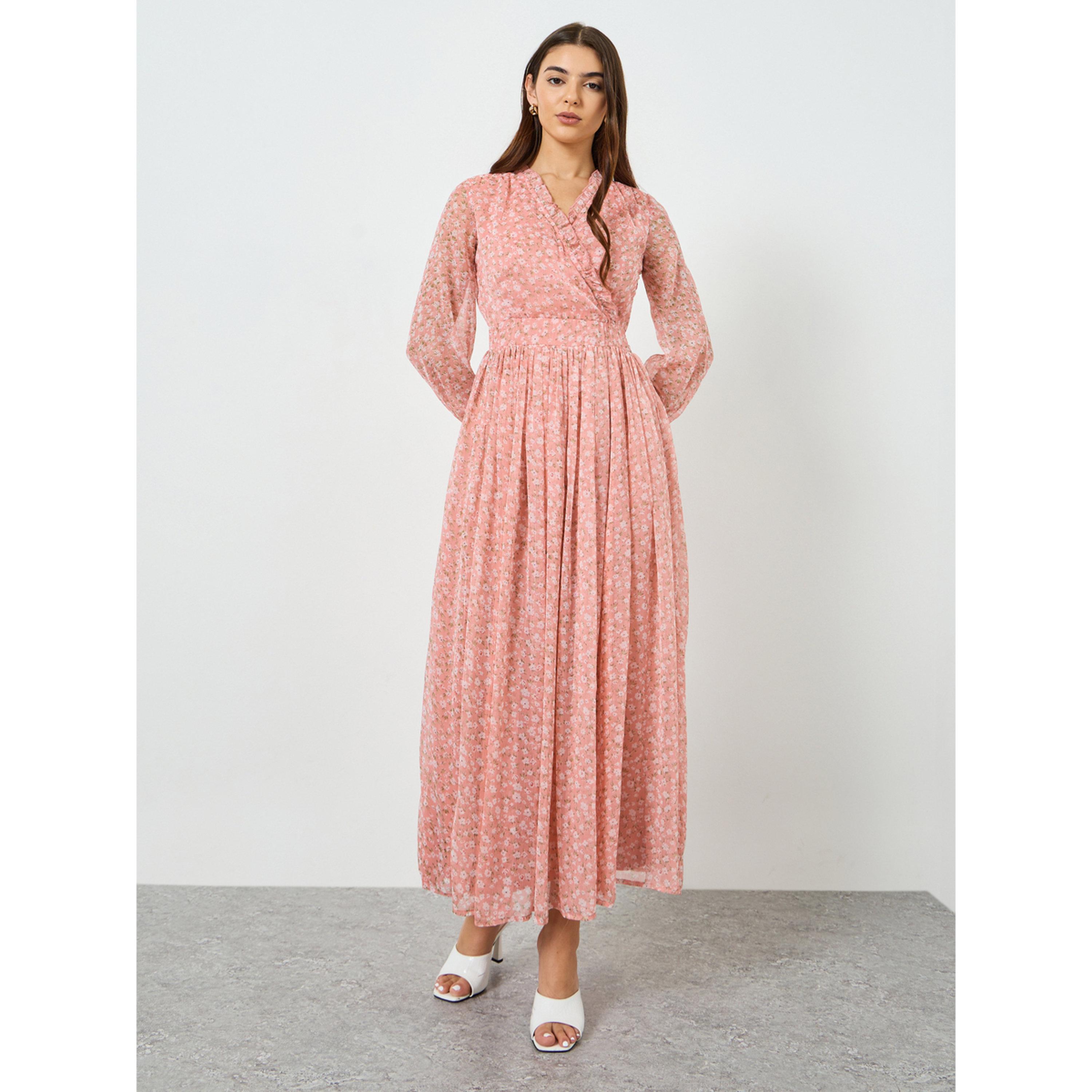 فستان طويل شيفون بحافة واسعة وطبعة أزهار للنساء-women-clothing-dresses-image-3