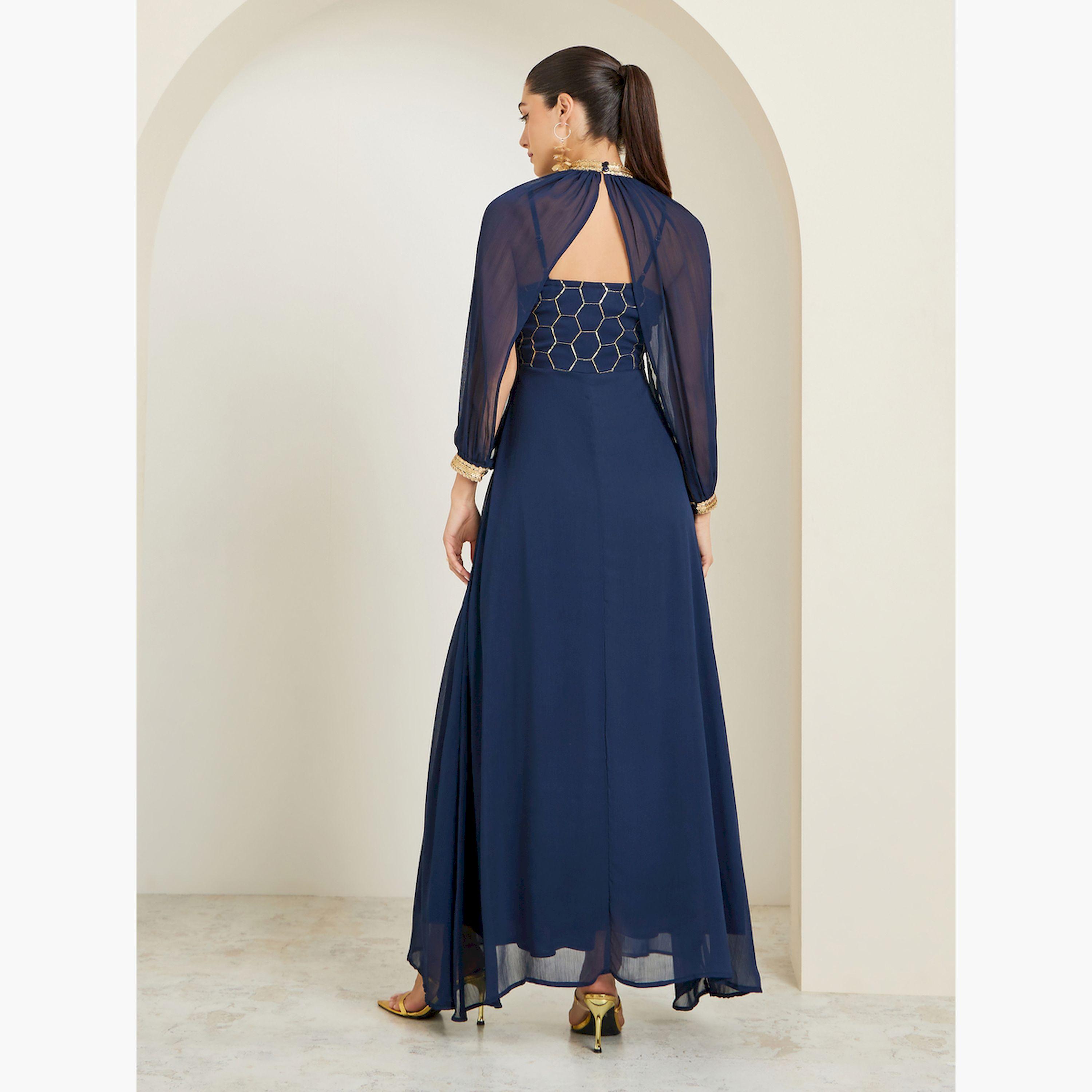 Styli Blue Embellished Sequin Maxi Dress with Removable Cape-women-clothing-dresses-image-5