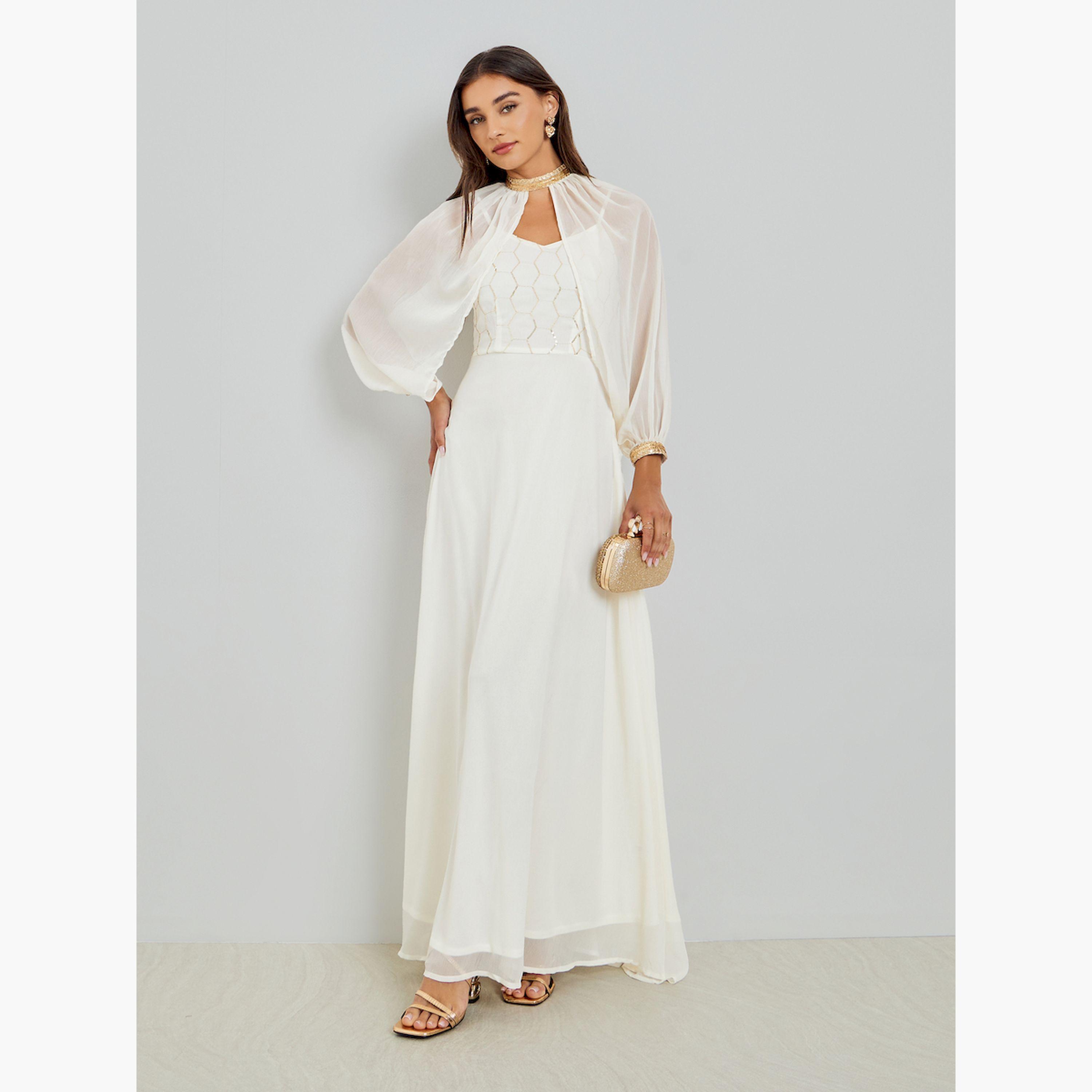 Styli Off White Sequin Maxi Dress with Removable Cape-women-clothing-dresses-image-1