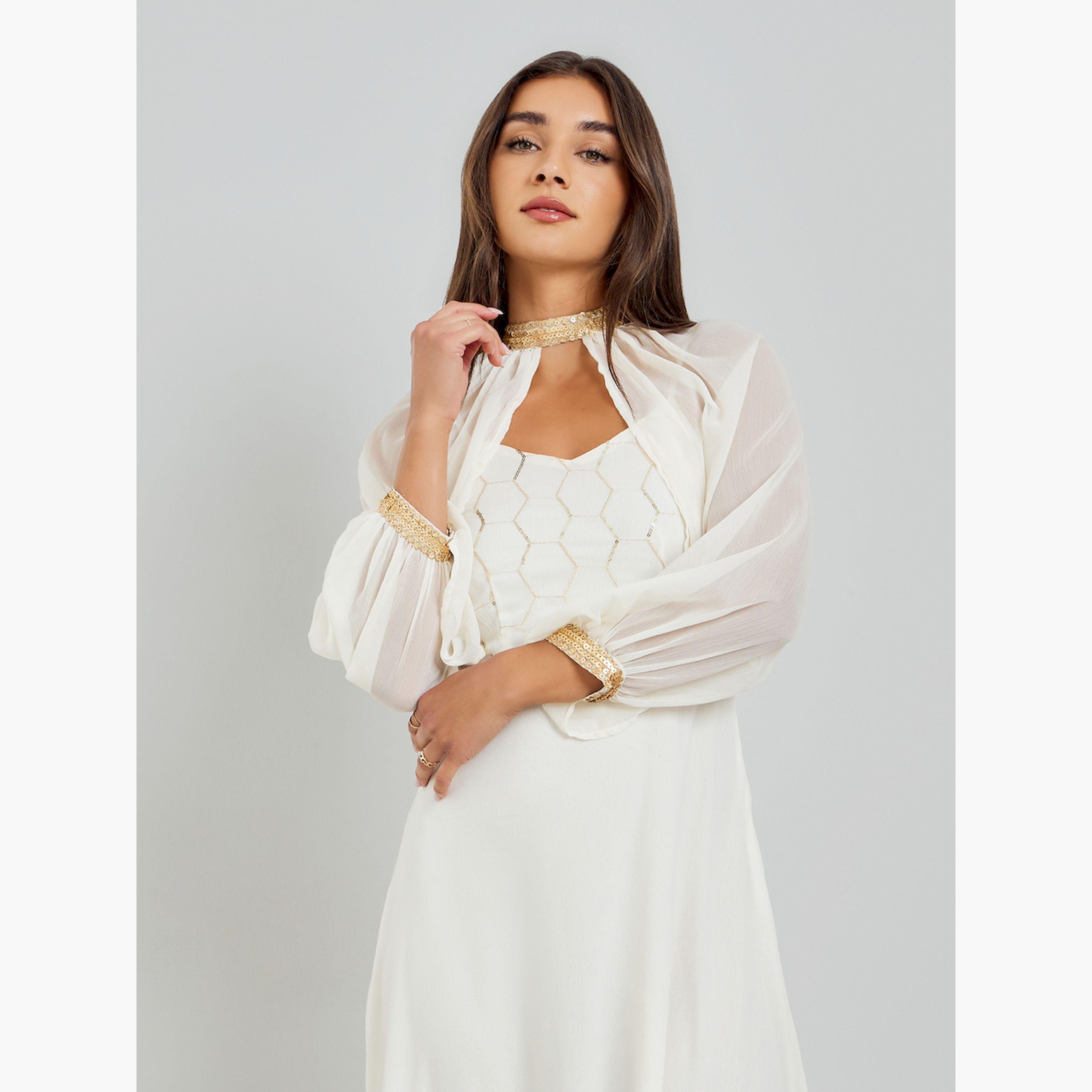 Styli Off White Sequin Maxi Dress with Removable Cape-women-clothing-dresses-image-3