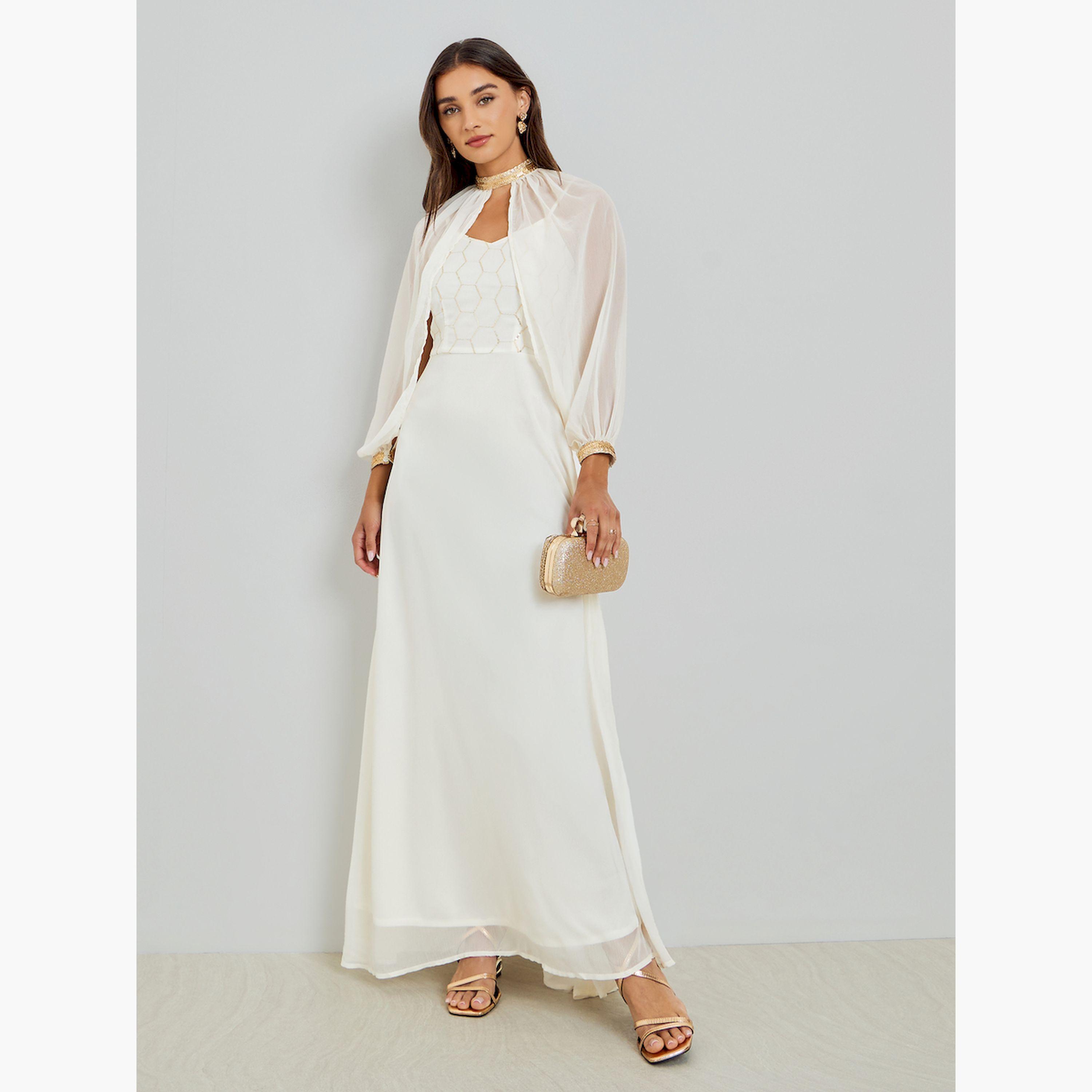 Styli Off White Sequin Maxi Dress with Removable Cape-women-clothing-dresses-image-4