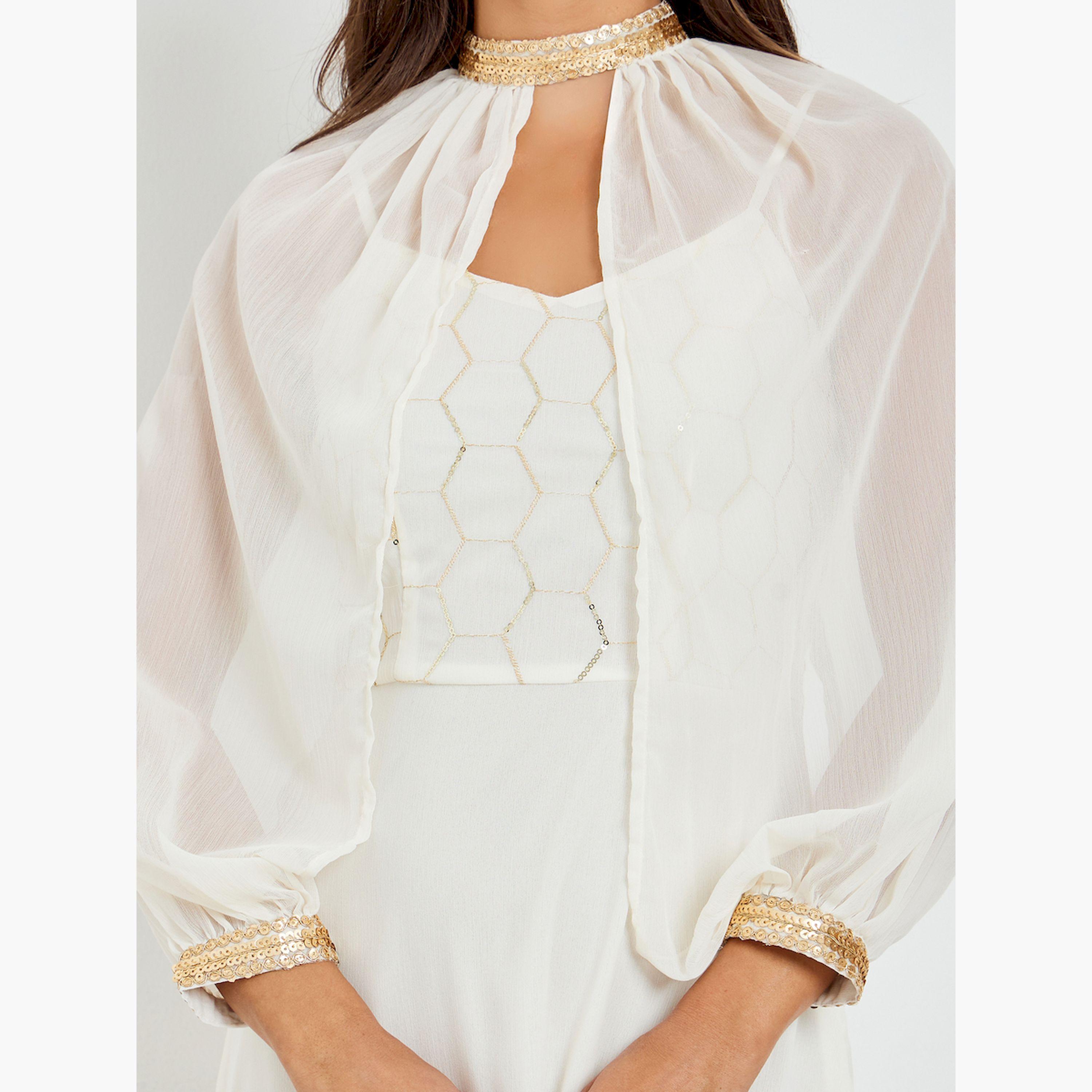 Styli Off White Sequin Maxi Dress with Removable Cape-women-clothing-dresses-image-5