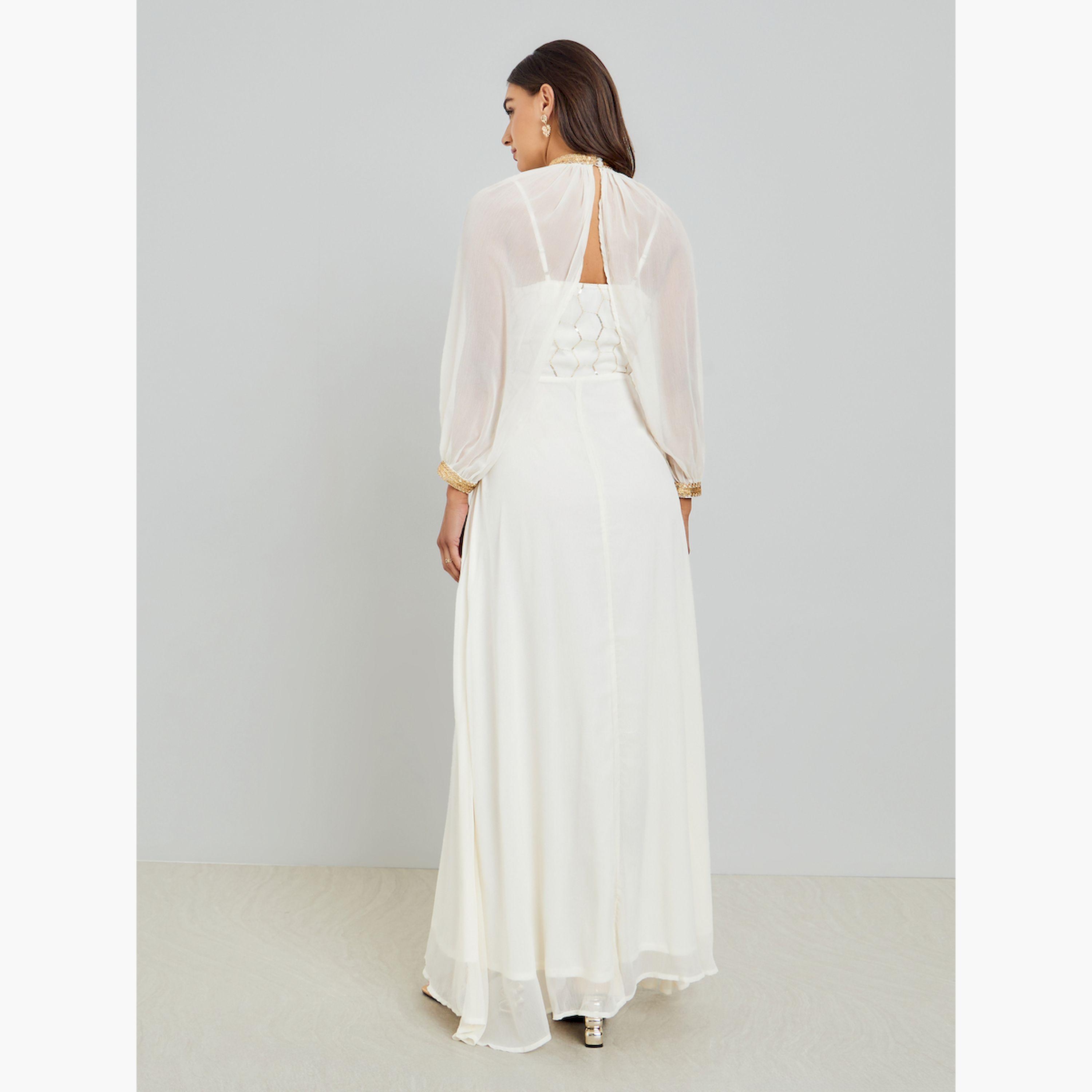 Styli Off White Sequin Maxi Dress with Removable Cape-women-clothing-dresses-image-6