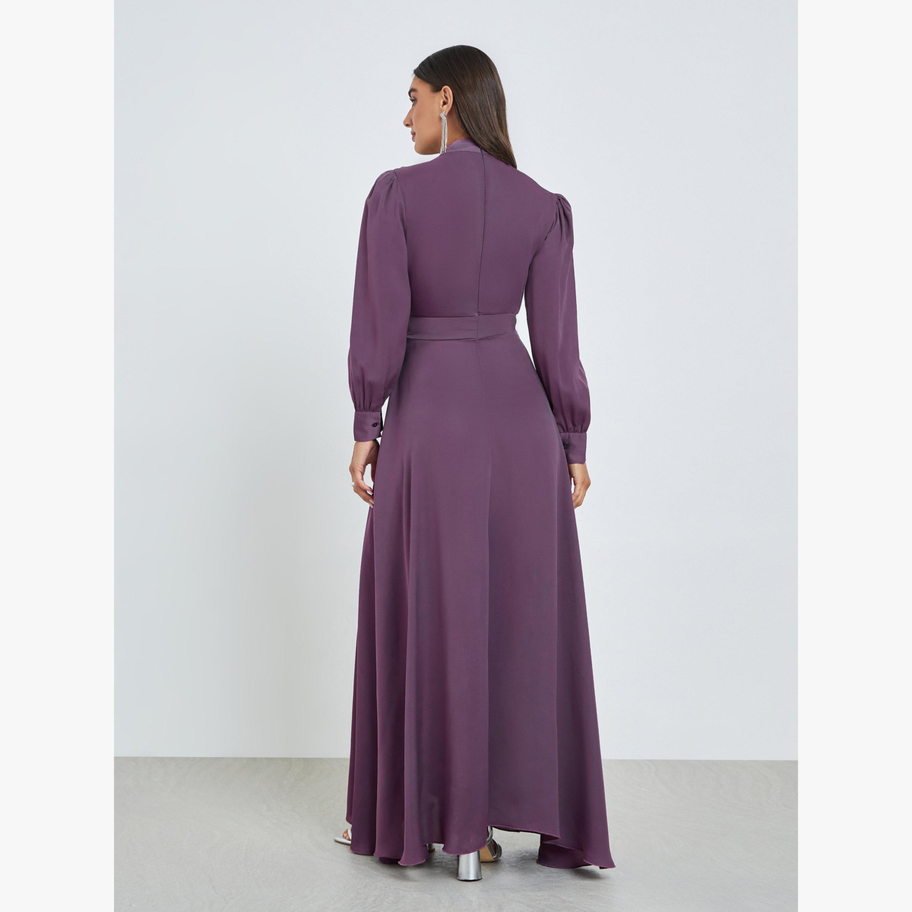 فستان طويل بحافة واسعة ومزين بأكمام بأساور-women-clothing-dresses-image-4