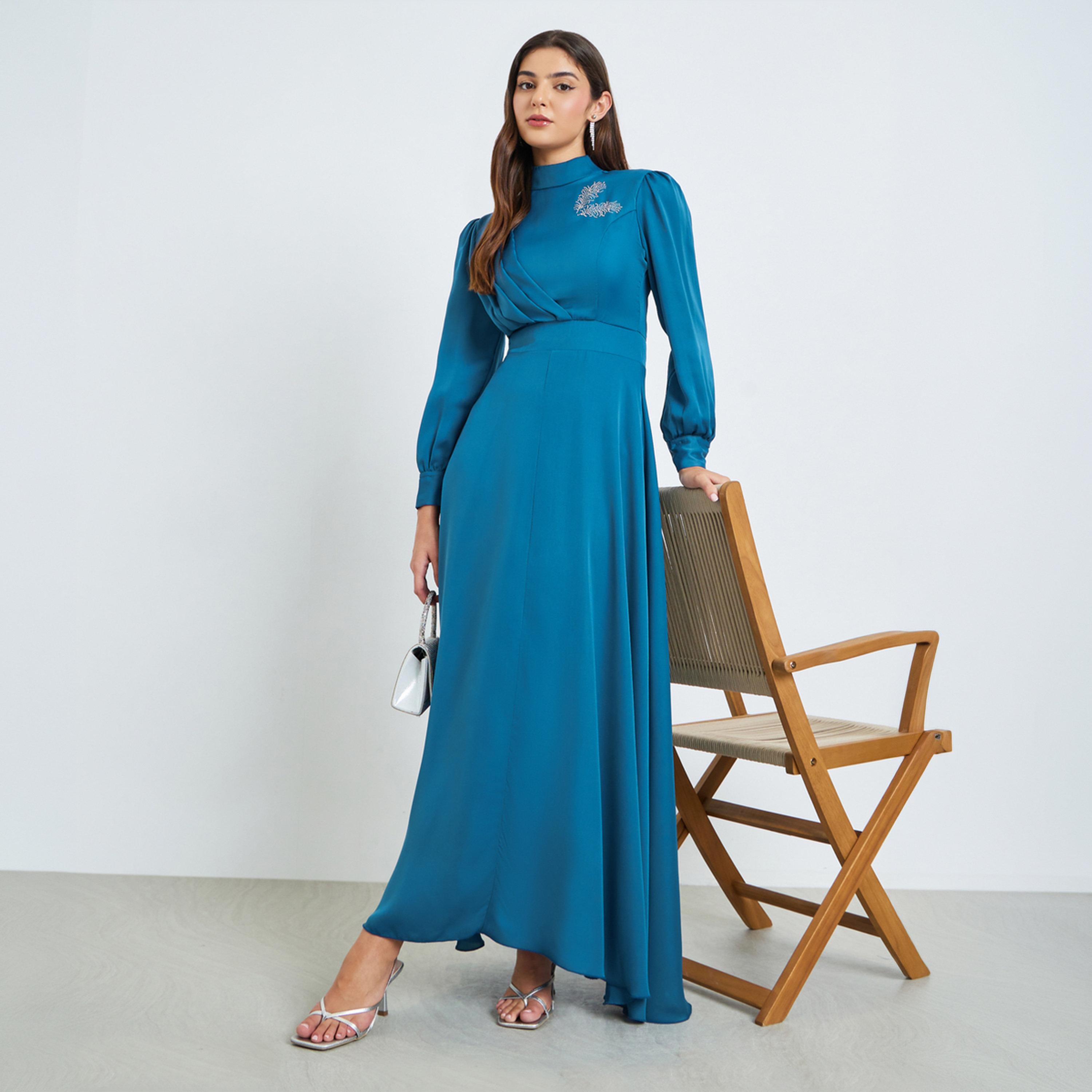 فستان طويل بأكمام وتفاصيل بارزة الملمس عند الأساور-women-clothing-dresses-image-1
