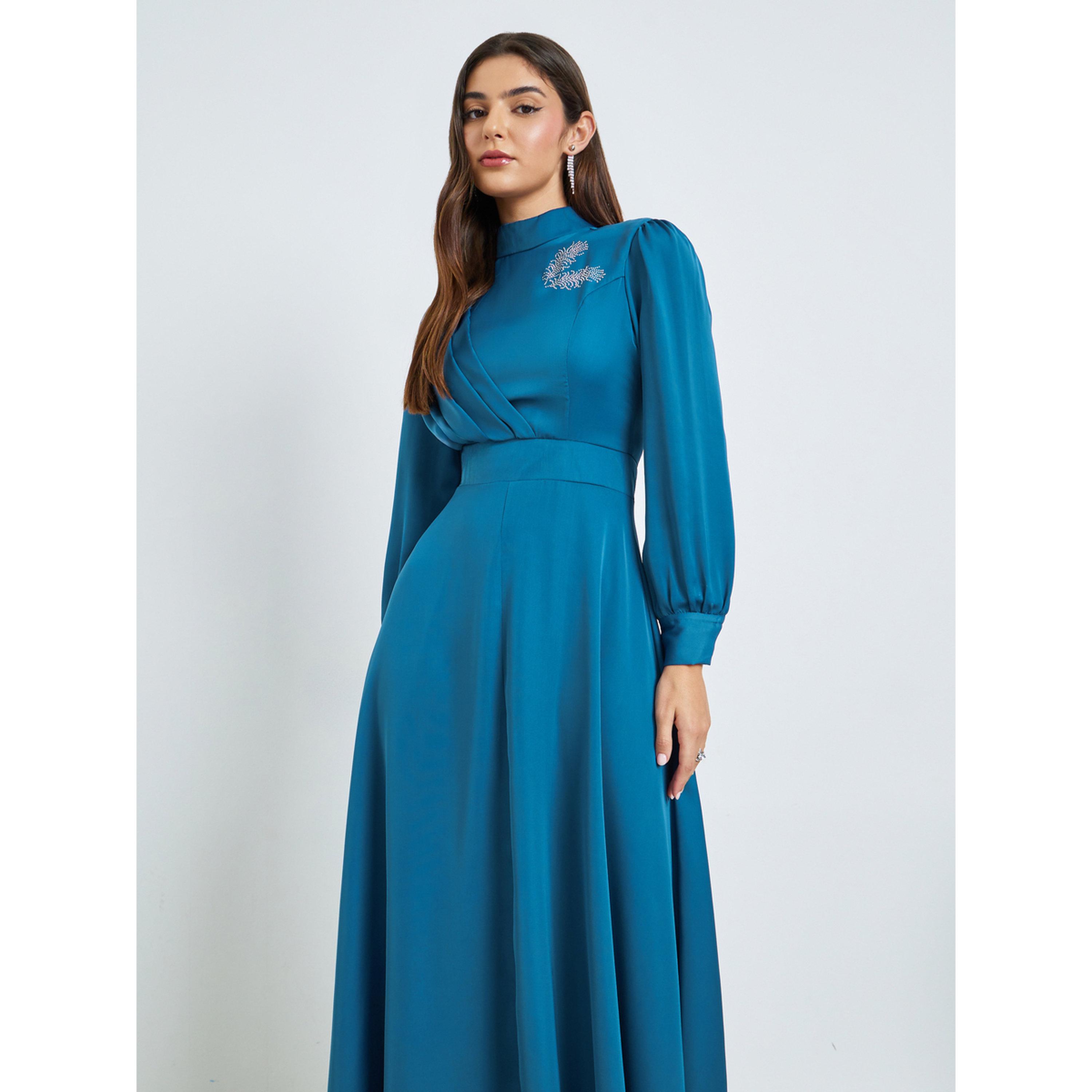 Styli Teal Embellished Cuff Sleeves Maxi Dress-women-clothing-dresses-image-2