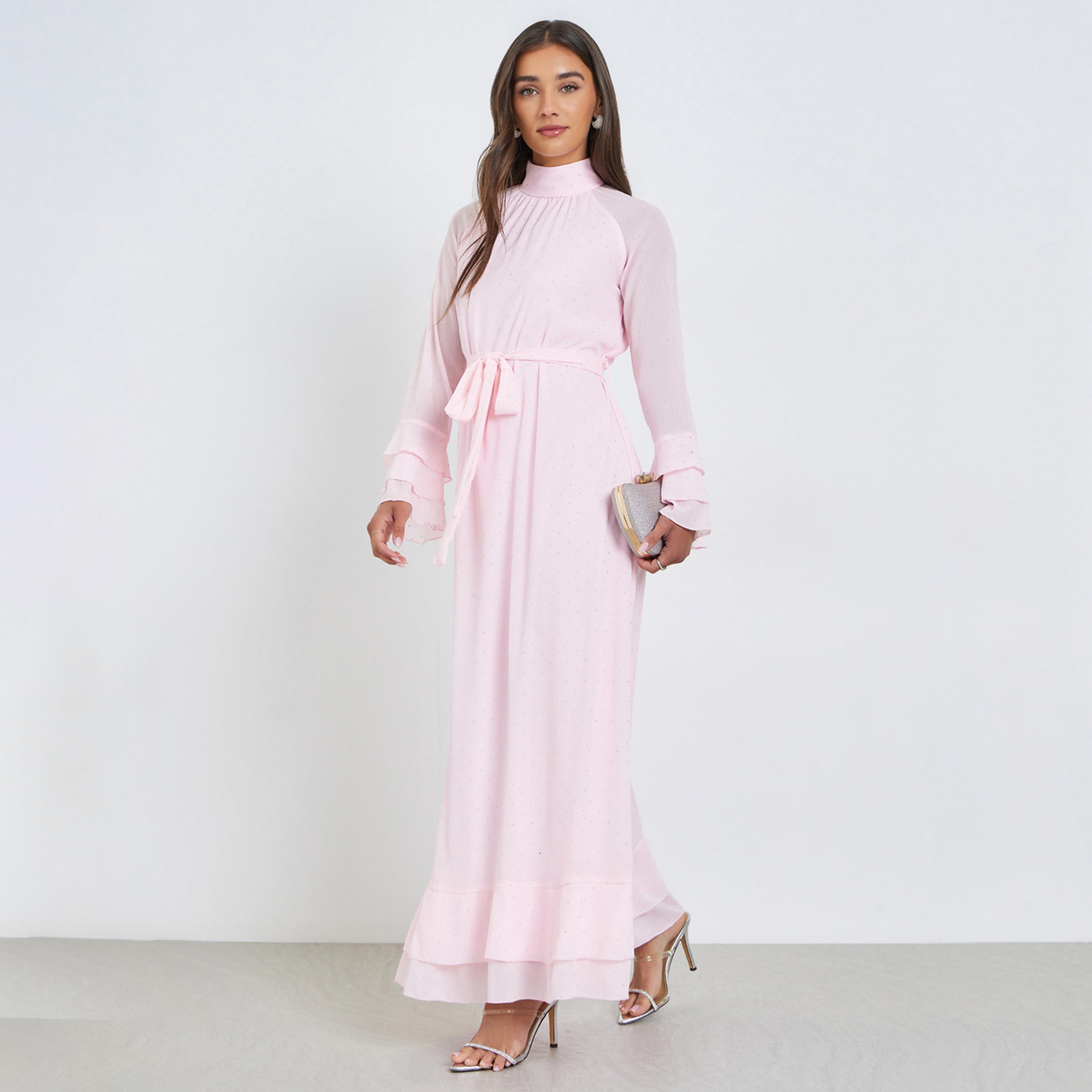 فستان طويل بأكمام كشكش وردي-women-clothing-dresses-image-1
