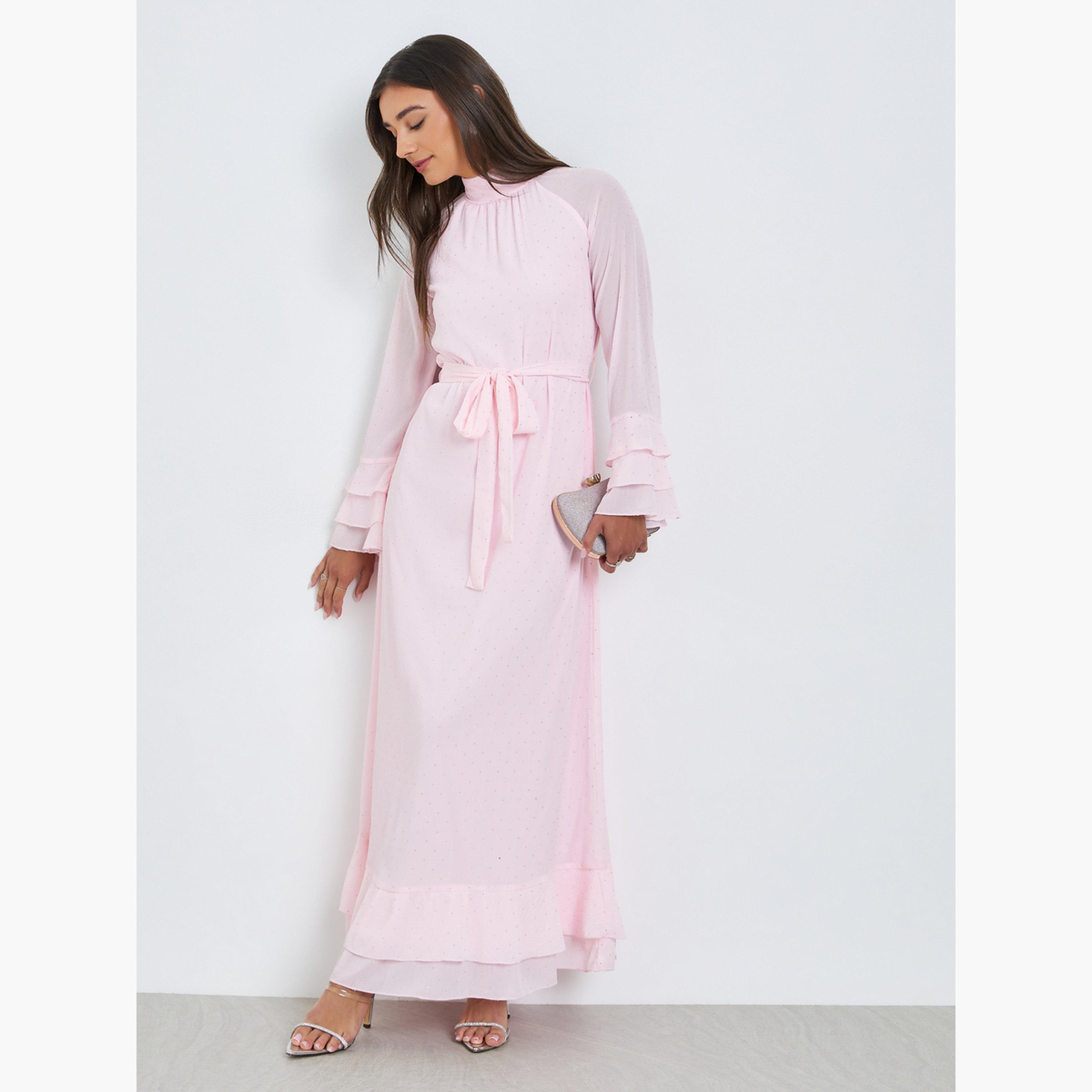فستان طويل بأكمام كشكش وردي-women-clothing-dresses-image-2