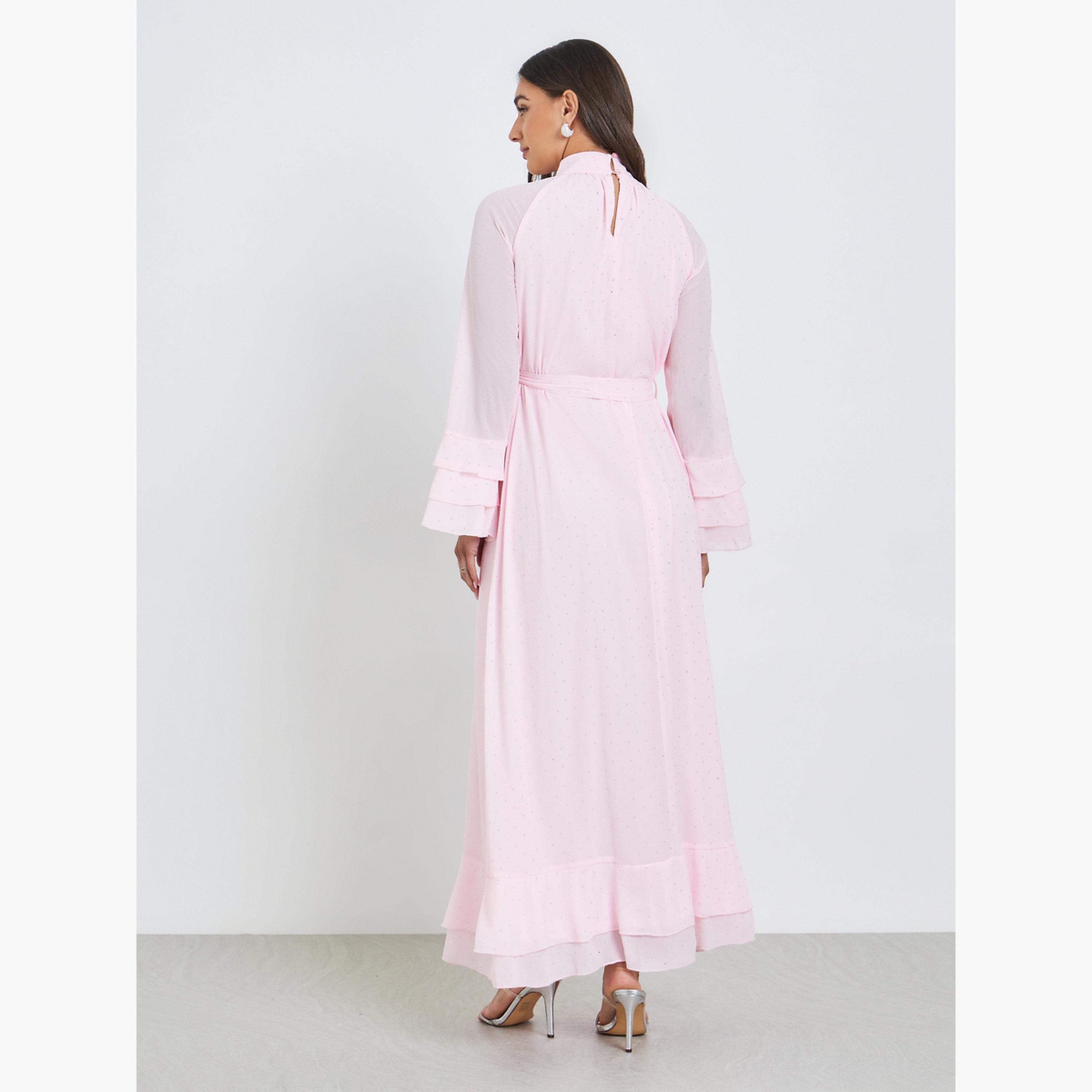 فستان طويل بأكمام كشكش وردي-women-clothing-dresses-image-3