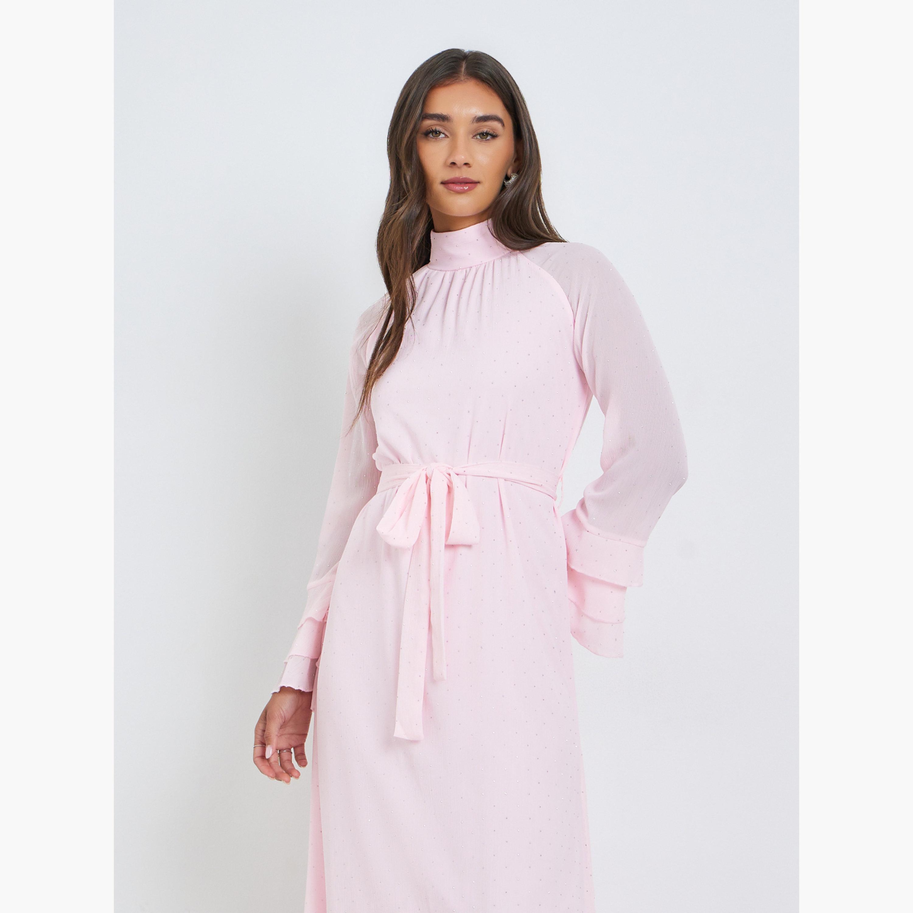 Styli Pink Studded Ruffle Sleeves Maxi Dress-women-clothing-dresses-image-4