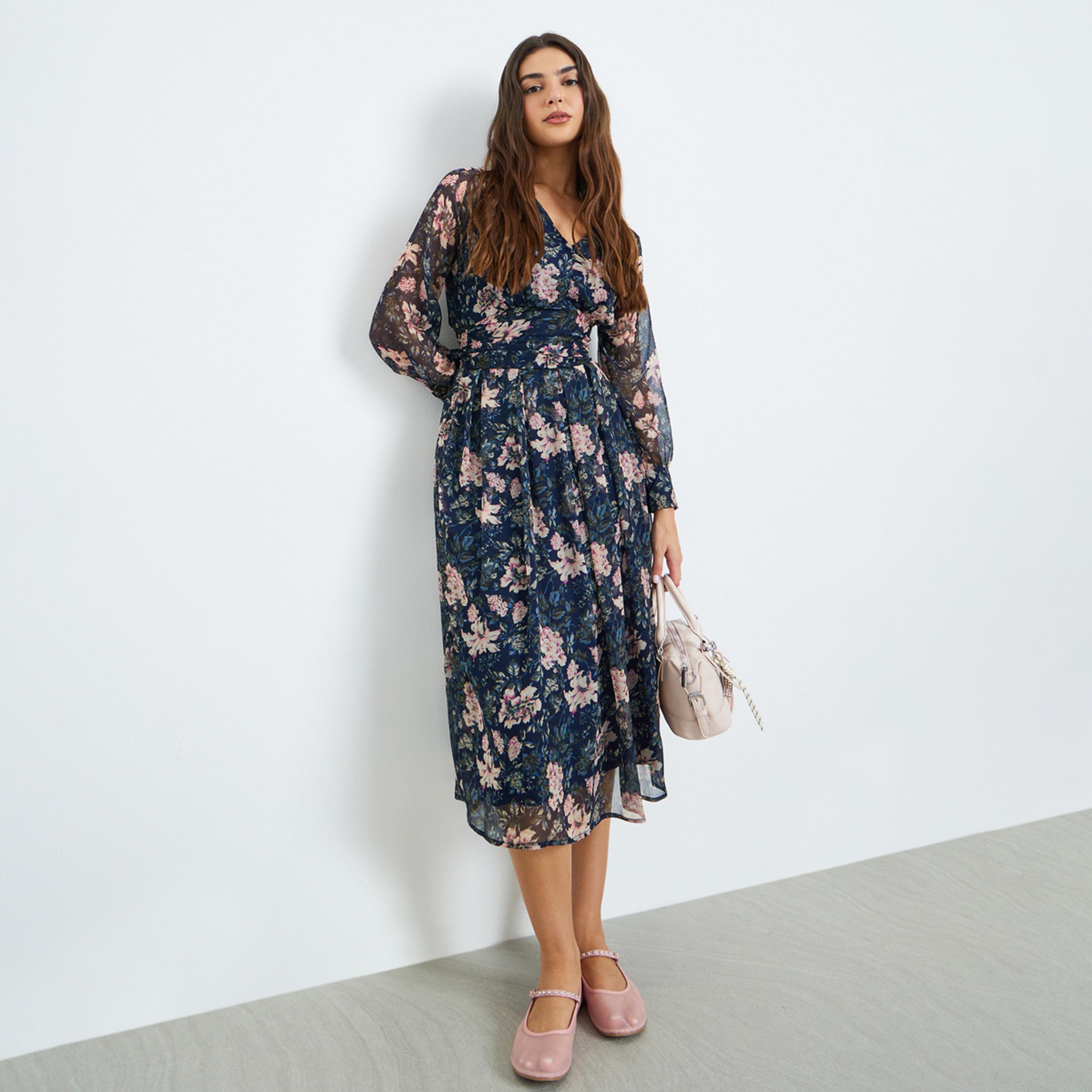 Styli Navy Floral Midi Dress with Long Sleeves-women-clothing-dresses-image-1