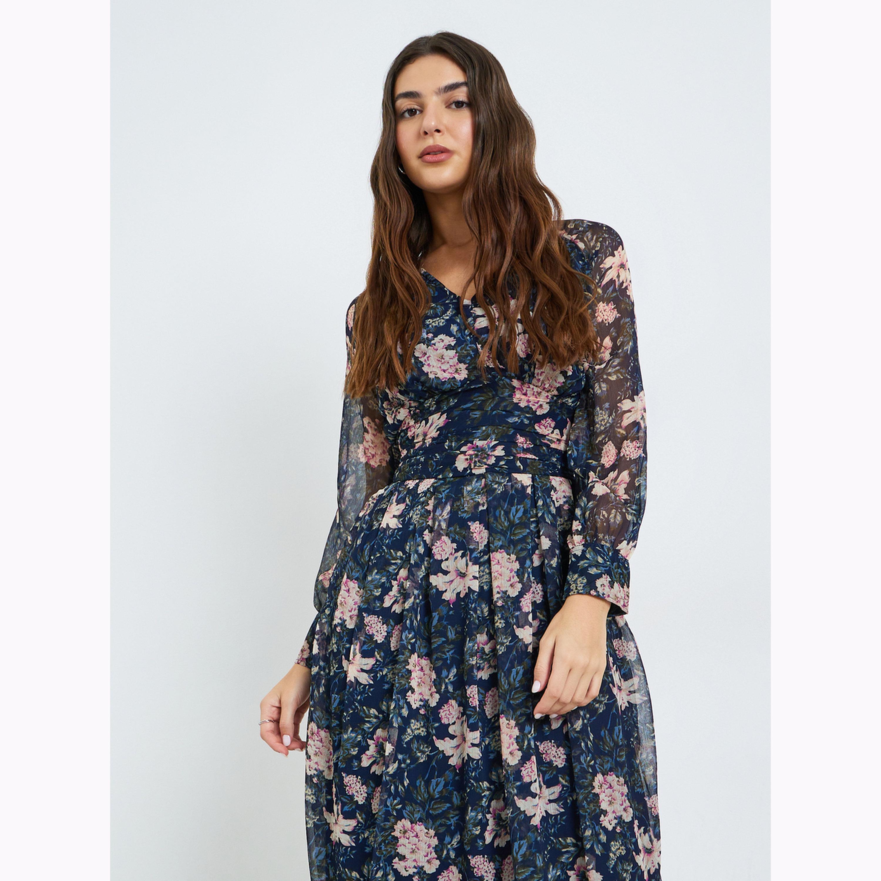 فستان ميدي بأكمام طويلة وطبعة زهور-women-clothing-dresses-image-2