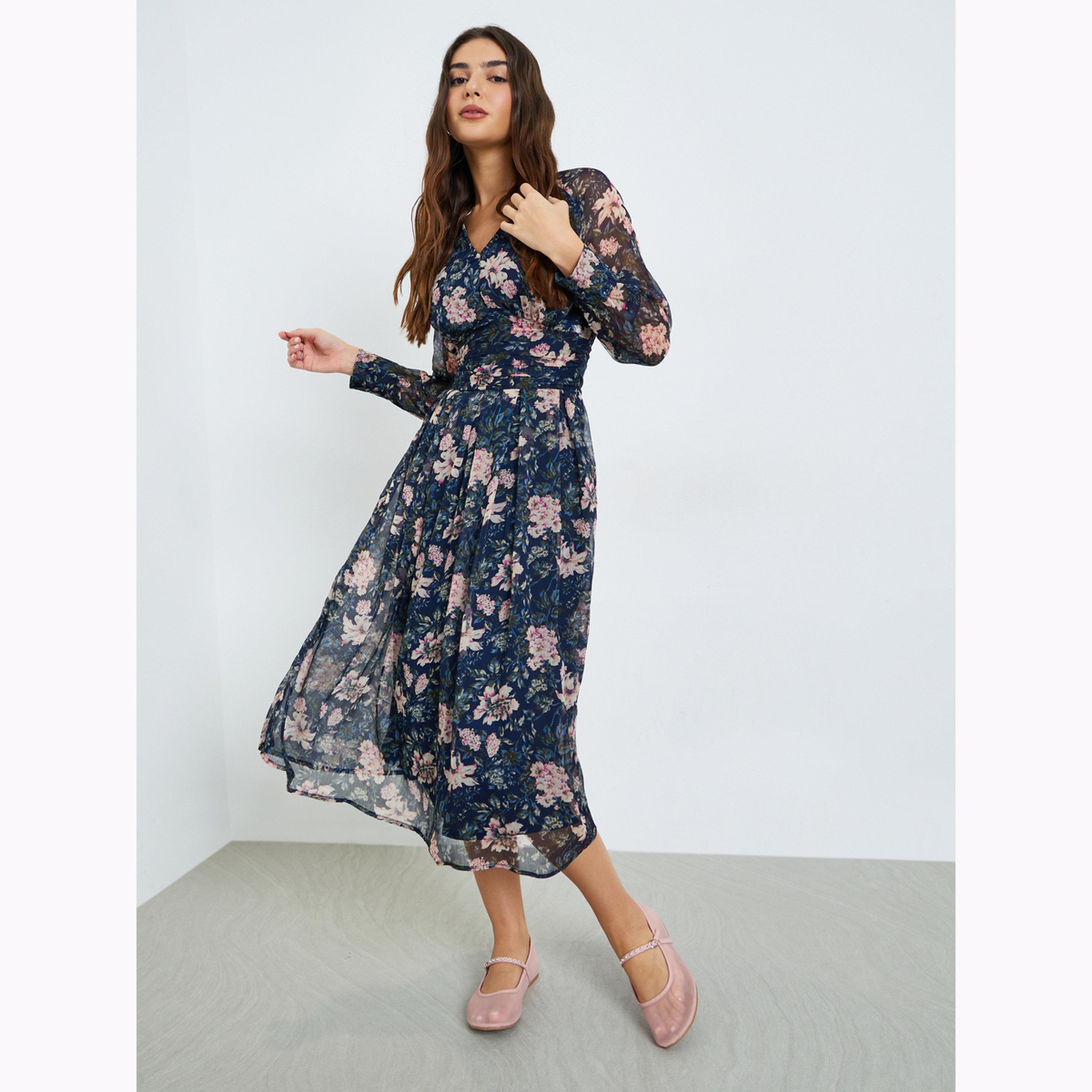 فستان ميدي بأكمام طويلة وطبعة زهور-women-clothing-dresses-image-3