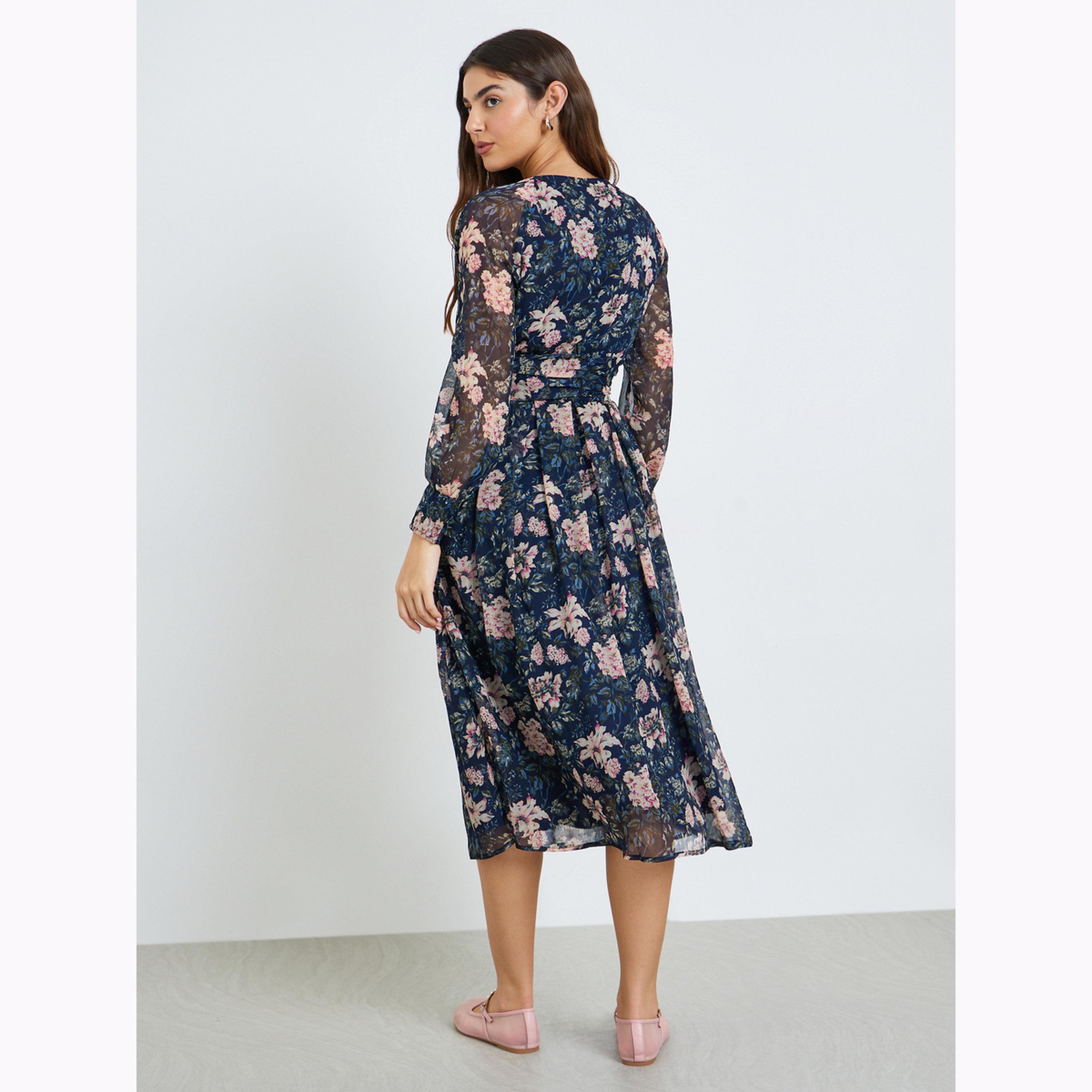 Styli Navy Floral Midi Dress with Long Sleeves-women-clothing-dresses-image-4