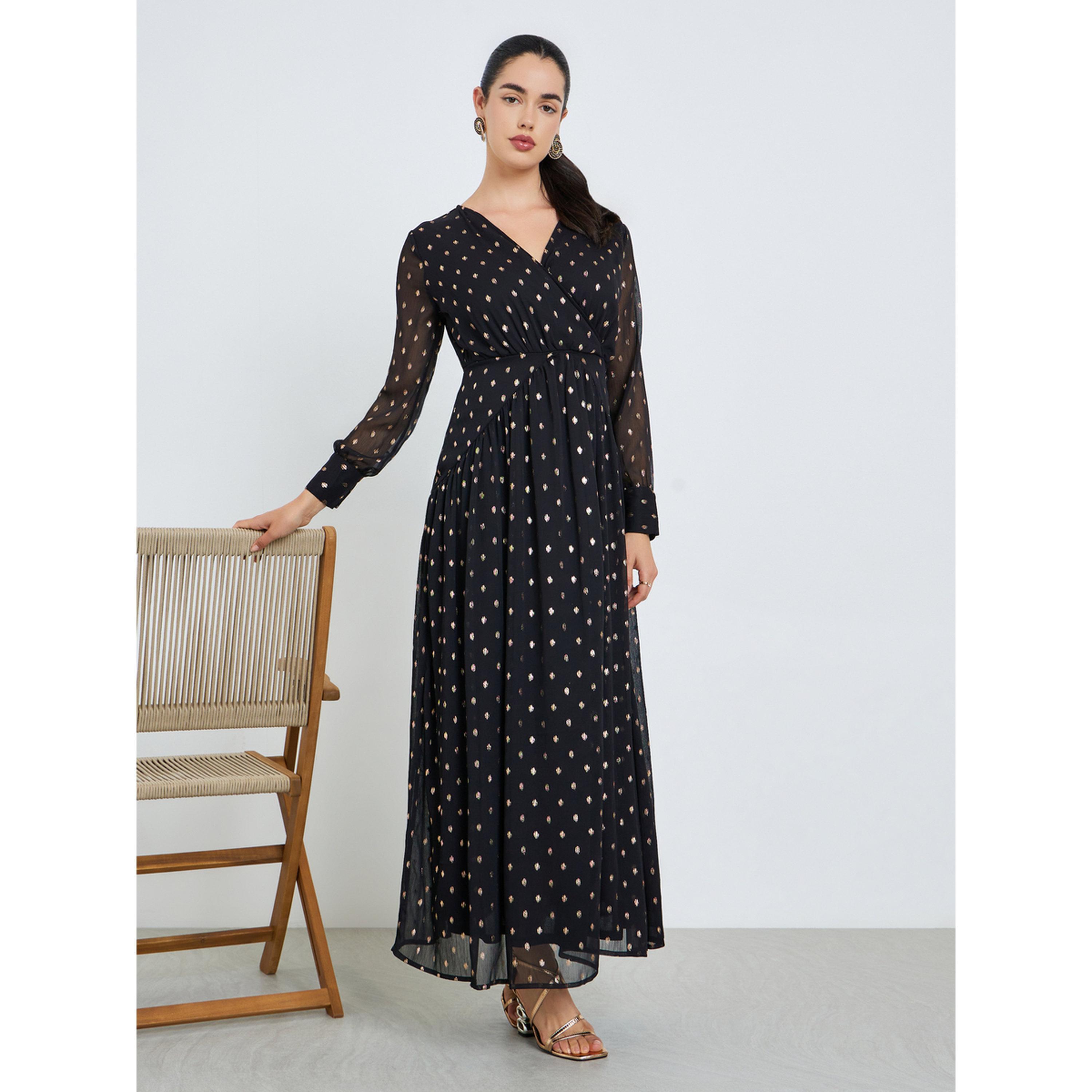 فستان طويل نسائي واسع بحافة واسعة وطبعة رقائق ذهبية-women-clothing-dresses-image-1